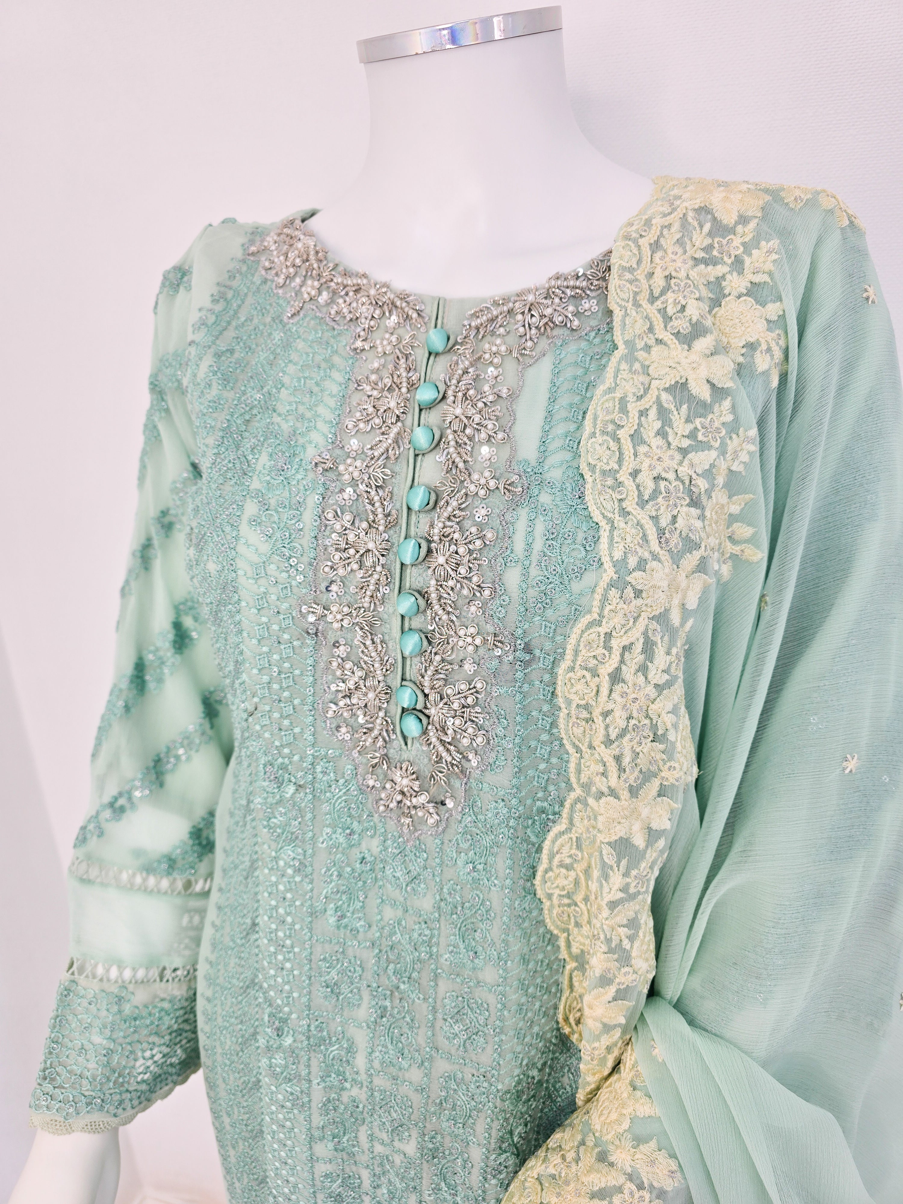 Mint Green Luxury Embroidered Chiffon Suit