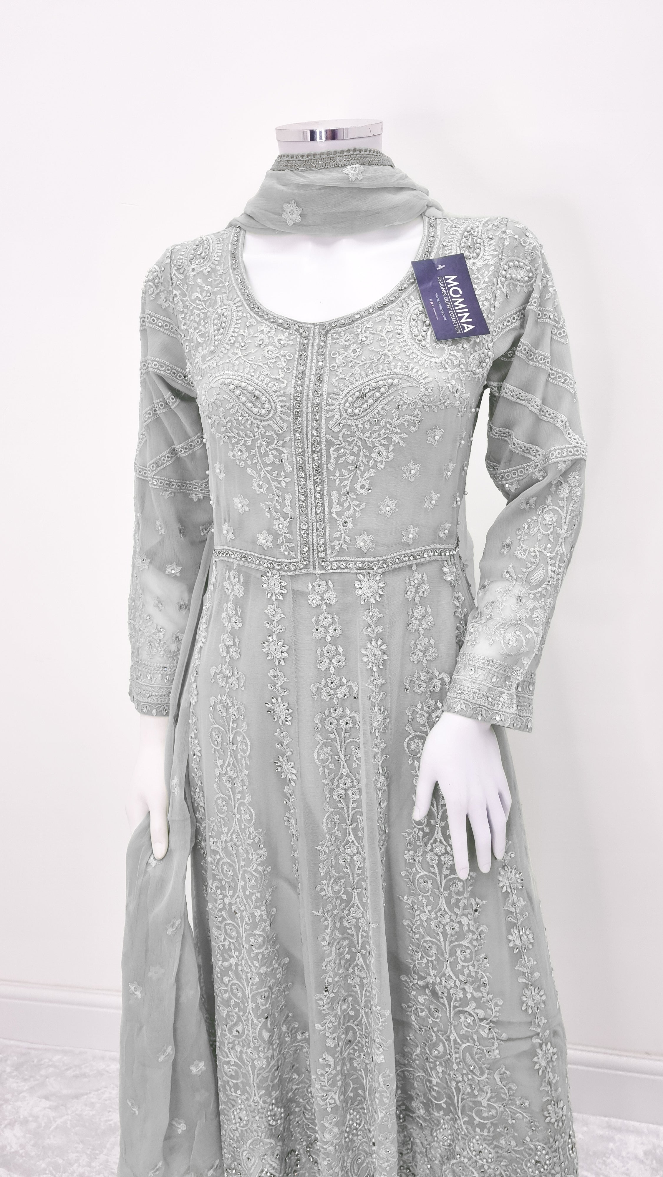 Grey Embroidered Chiffon Frock Suit