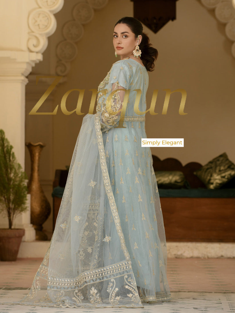 Zarqun Ice Blue Fancy Embroidered Net 3-Piece Maxi Suit