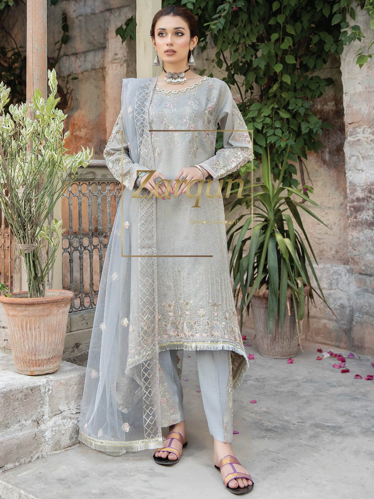 Zarqun "Virsa" Grey Fancy Embellished Net Suit (2311B)