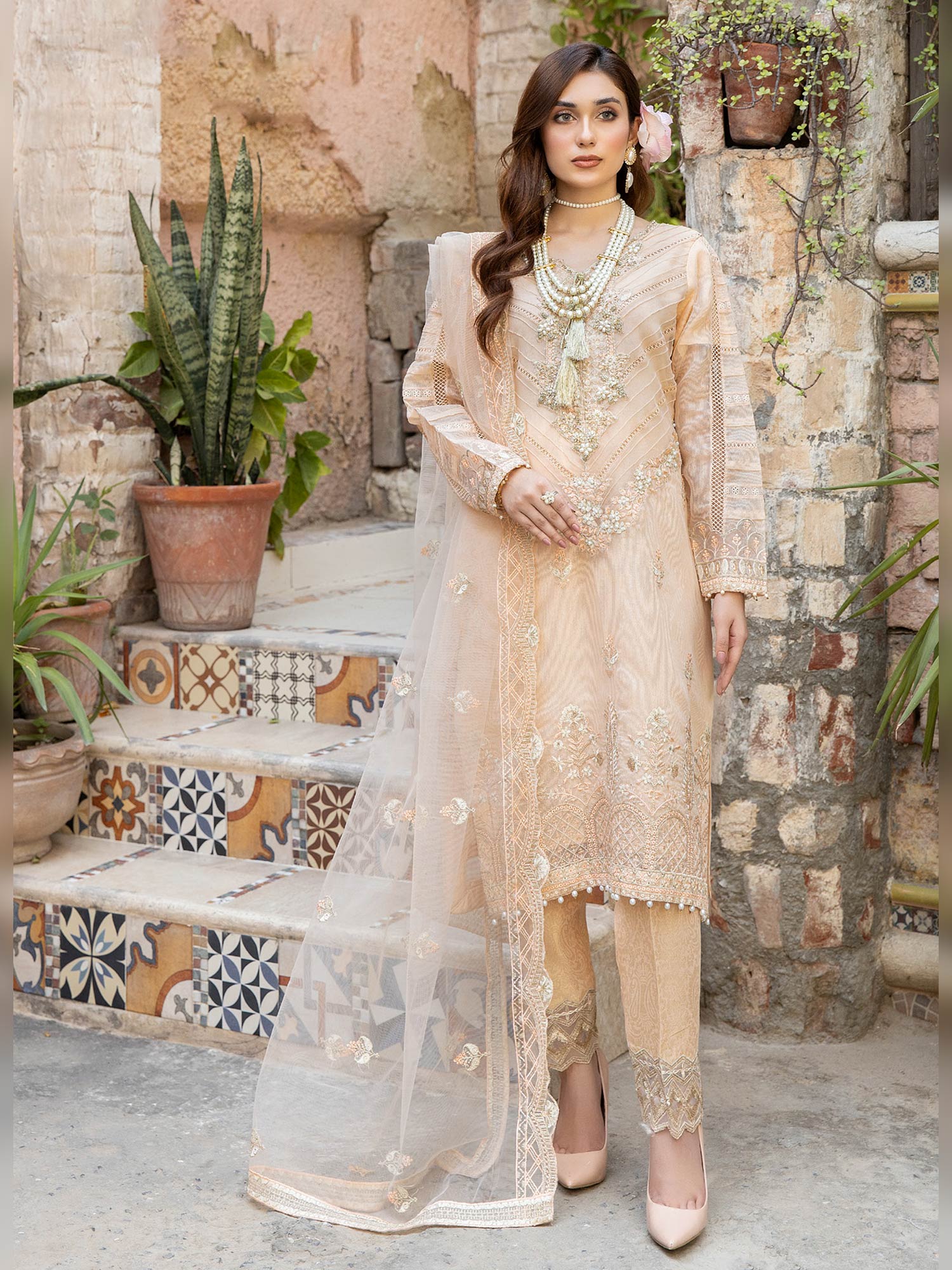 Zarqun "Virsa" Peach Fancy Embellished Net Suit (2312A)