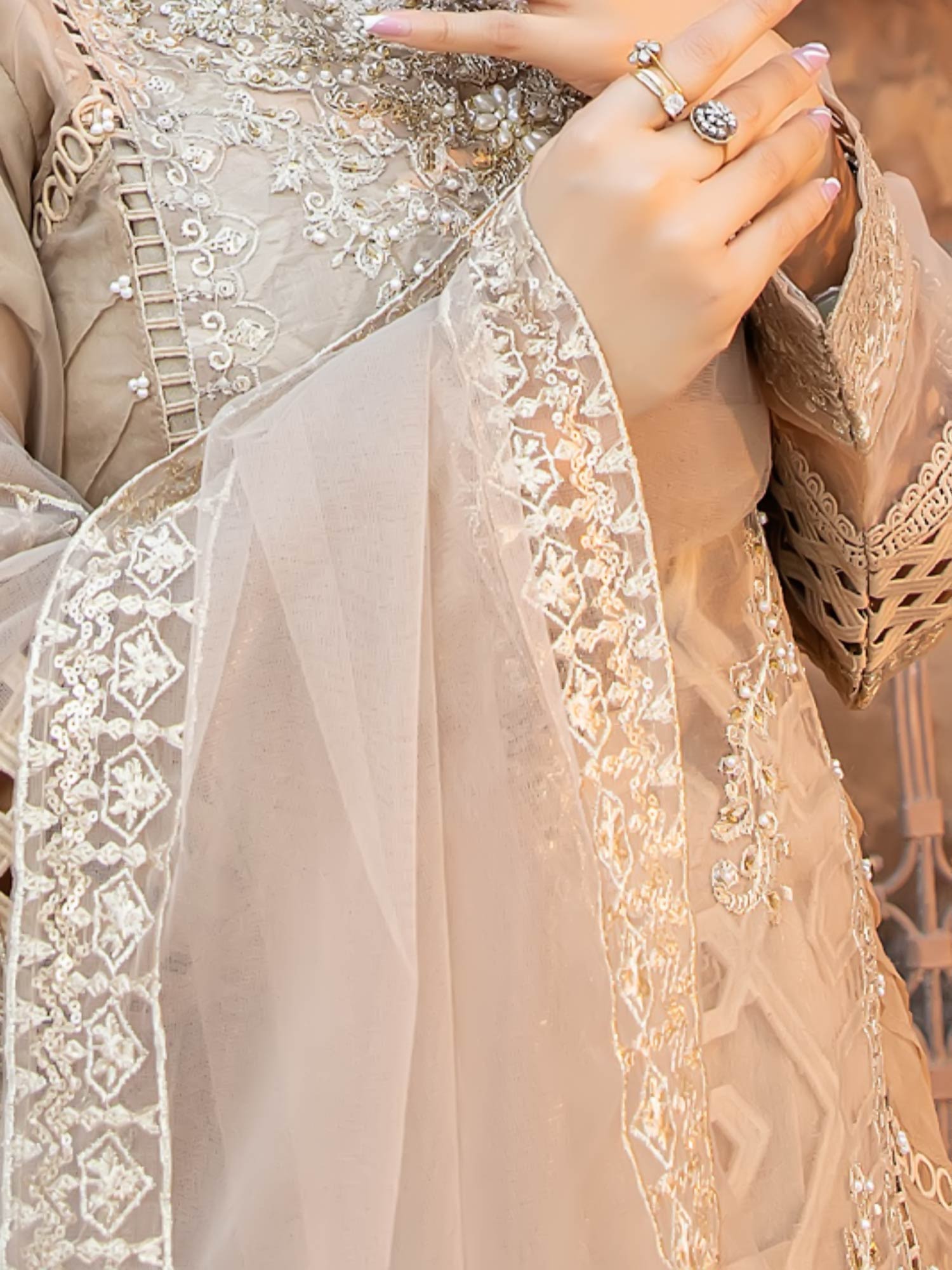 Zarqun "Virsa" Beige Fancy Embellished Net Suit (2313A)