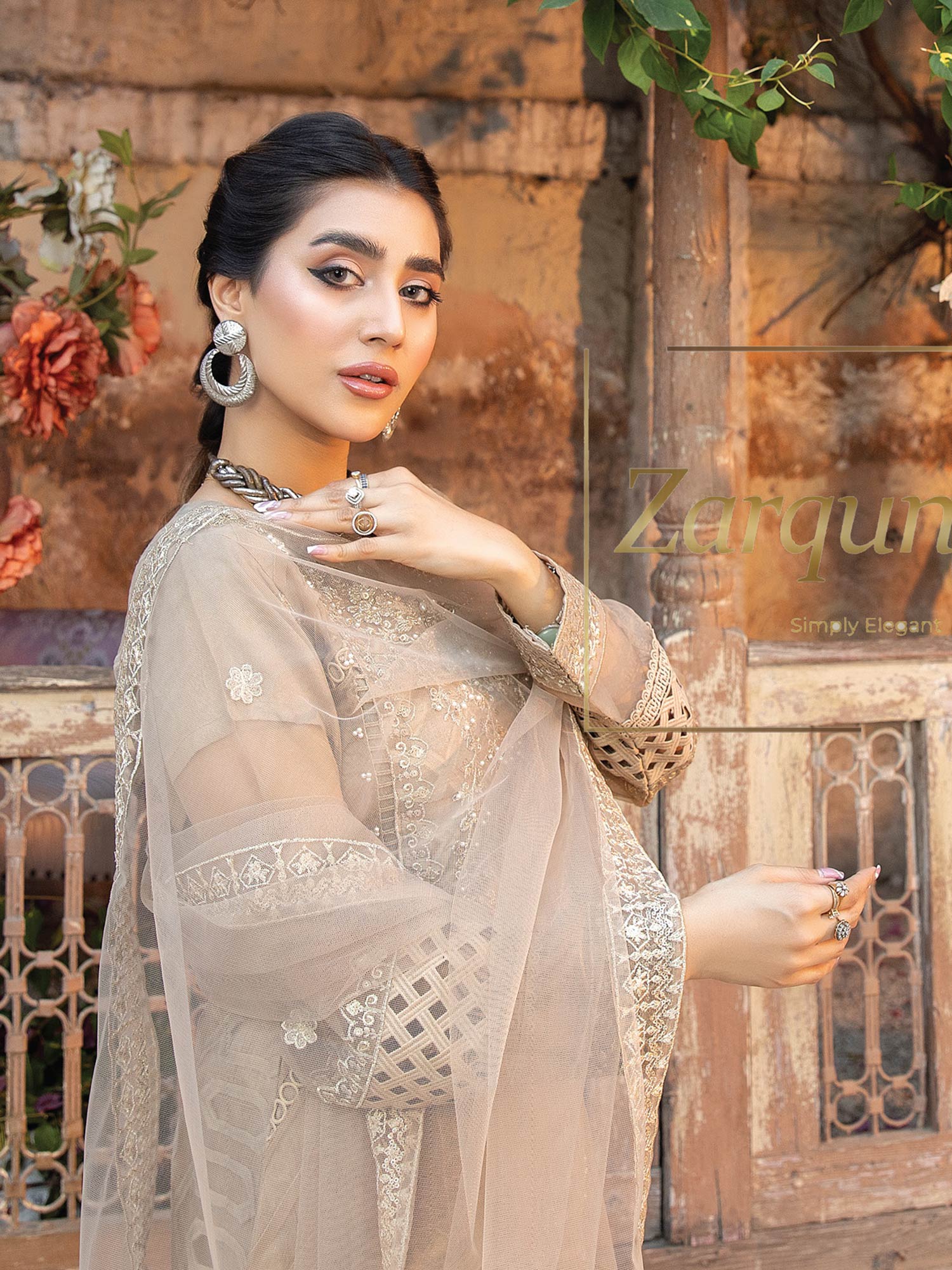 Zarqun "Virsa" Beige Fancy Embellished Net Suit (2313A)