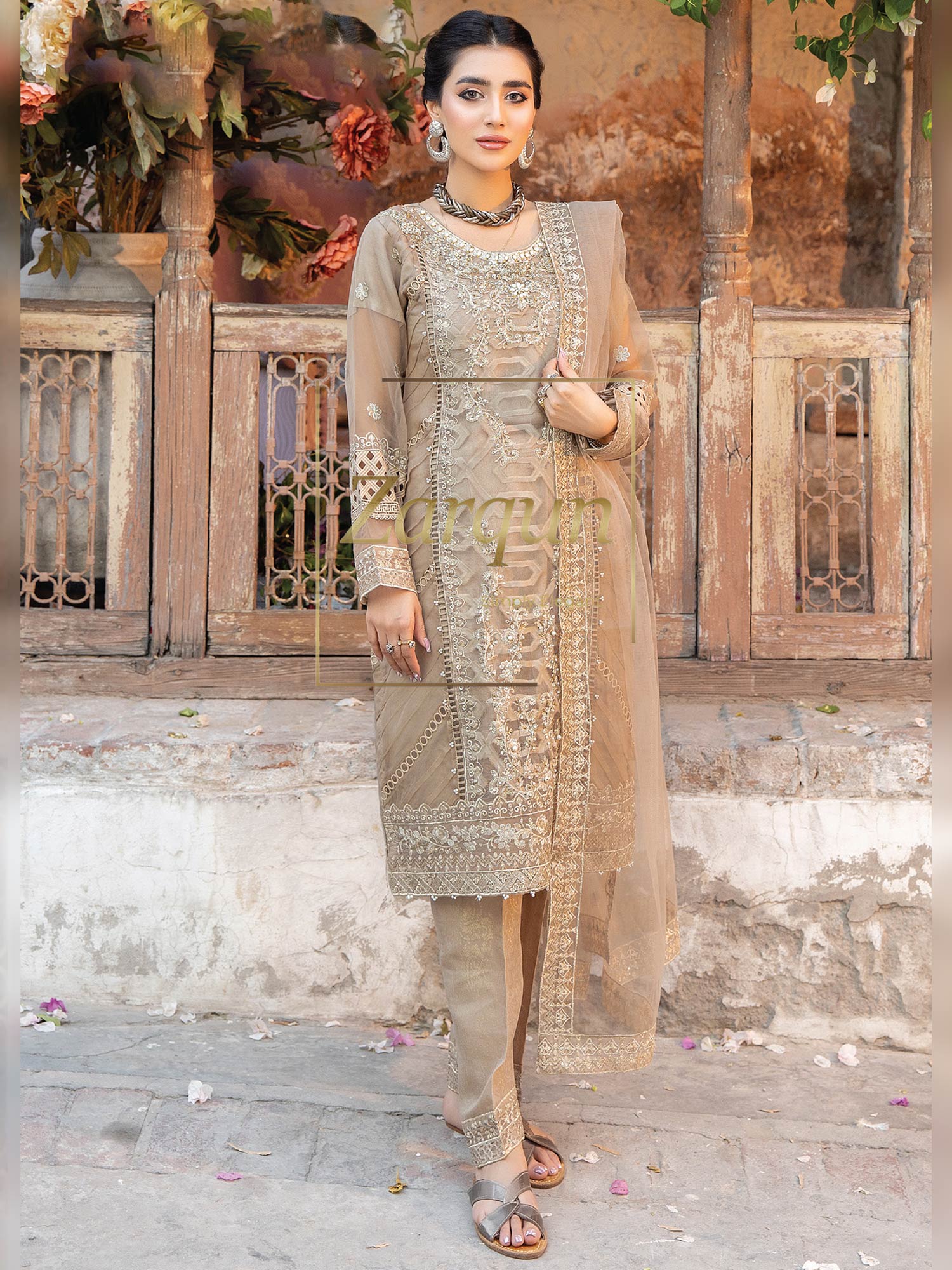 Zarqun "Virsa" Beige Fancy Embellished Net Suit (2313A)