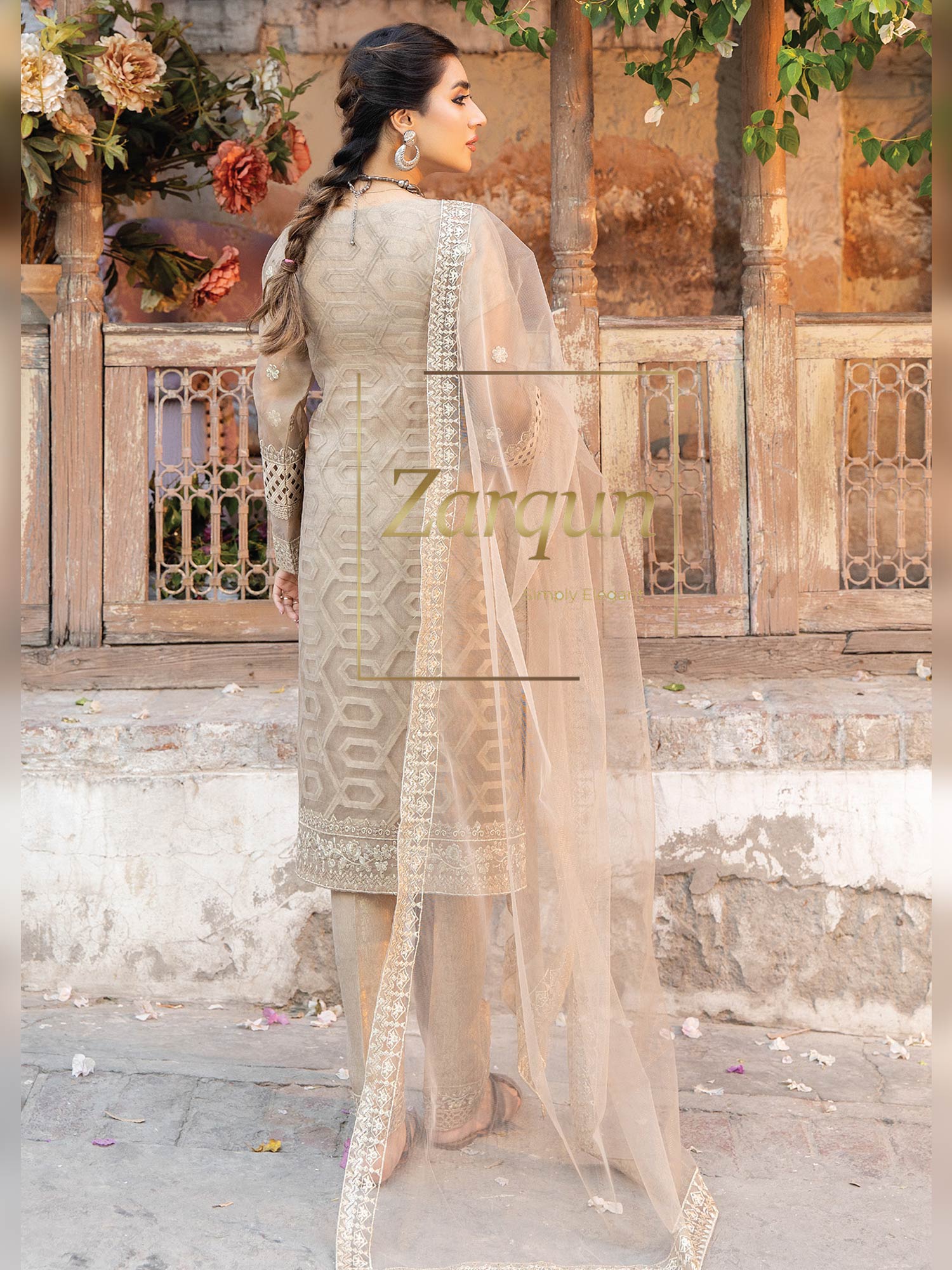 Zarqun "Virsa" Beige Fancy Embellished Net Suit (2313A)