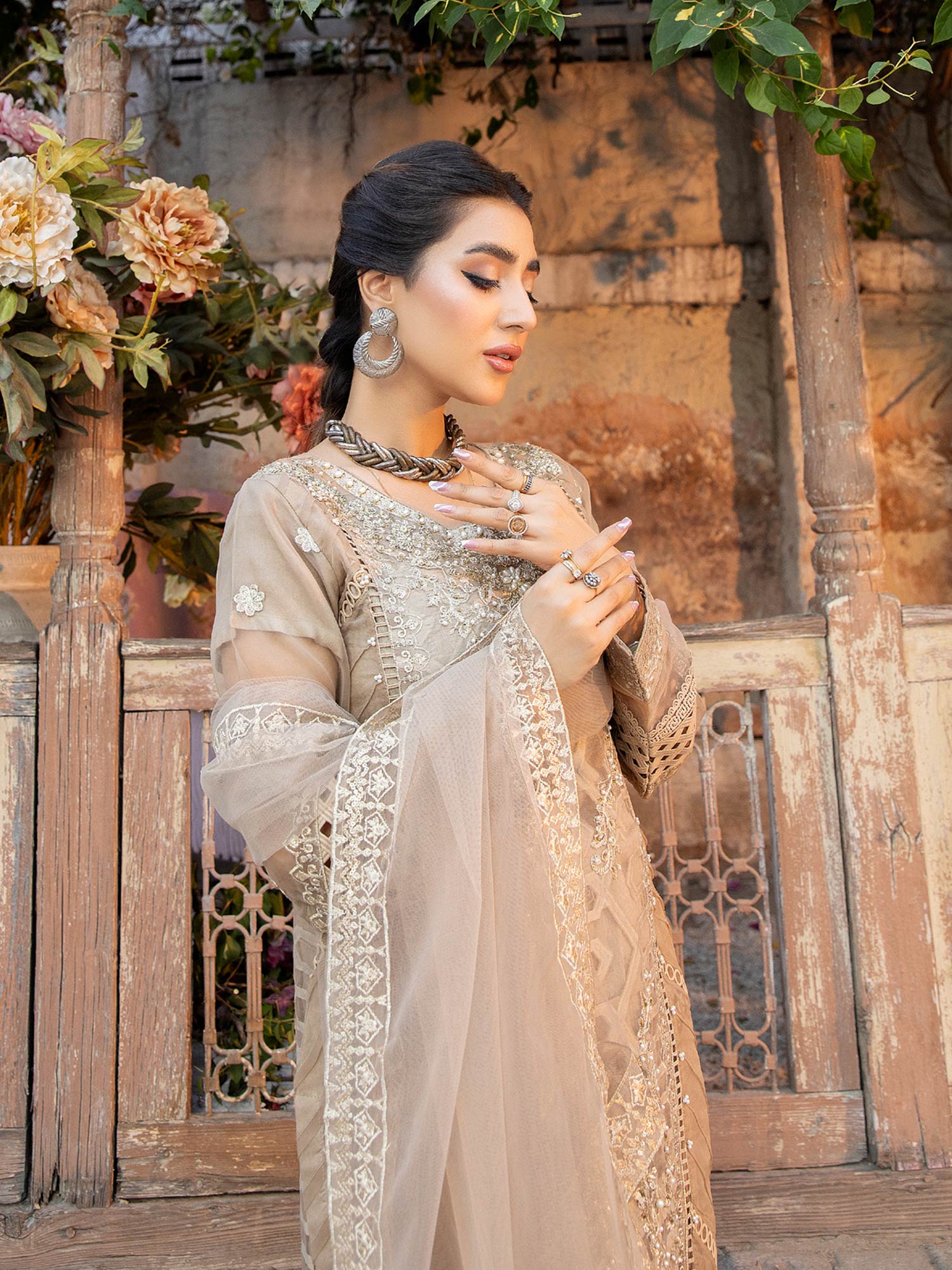 Zarqun "Virsa" Beige Fancy Embellished Net Suit (2313A)