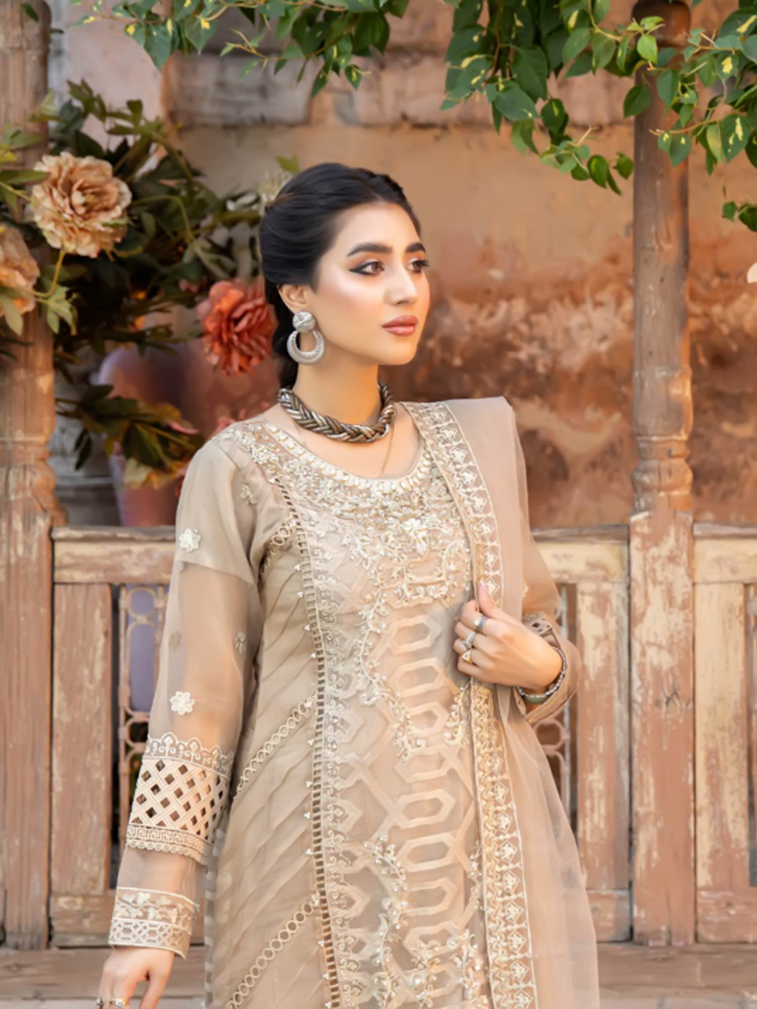 Zarqun "Virsa" Beige Fancy Embellished Net Suit (2313A)