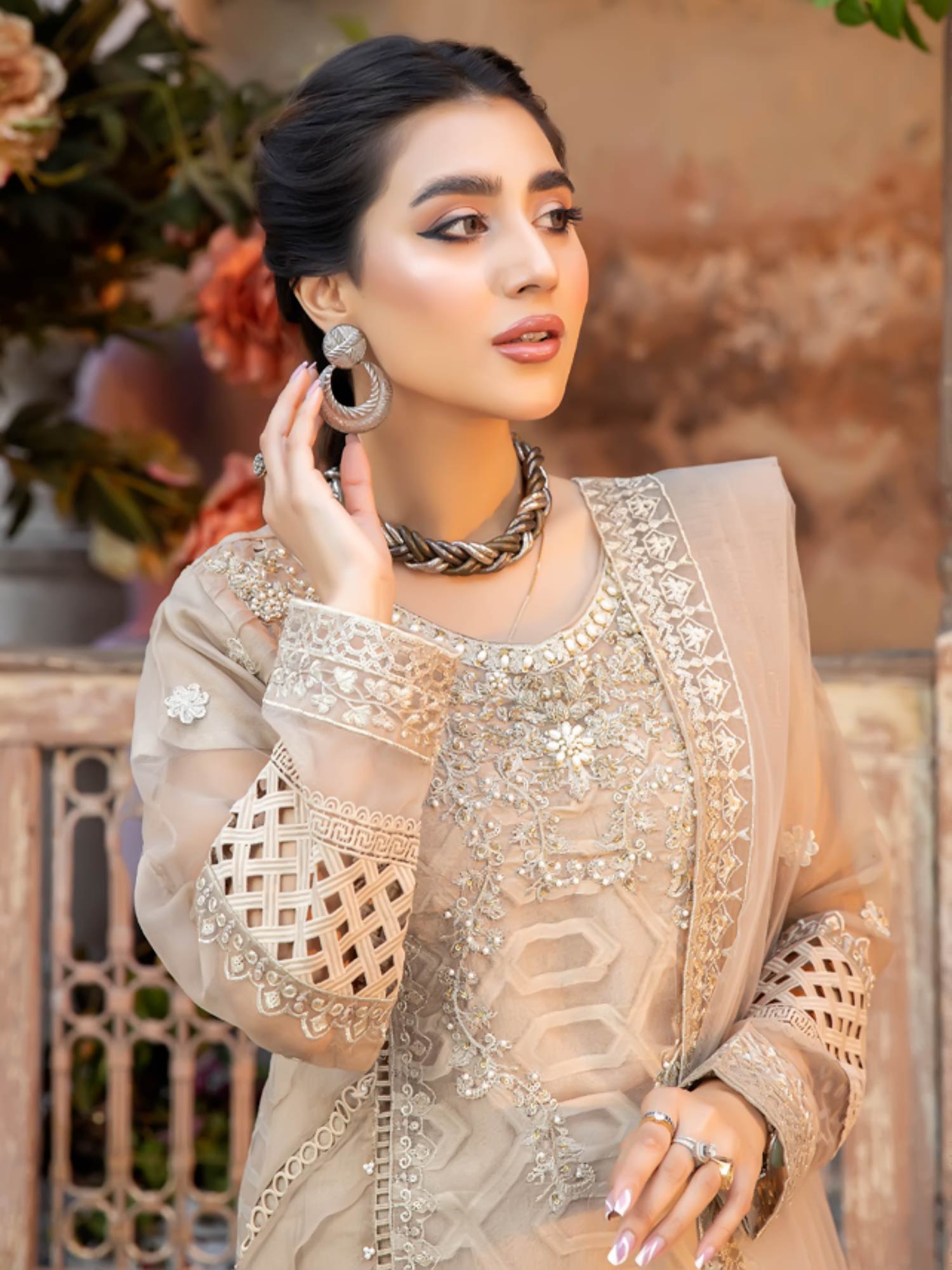 Zarqun "Virsa" Beige Fancy Embellished Net Suit (2313A)