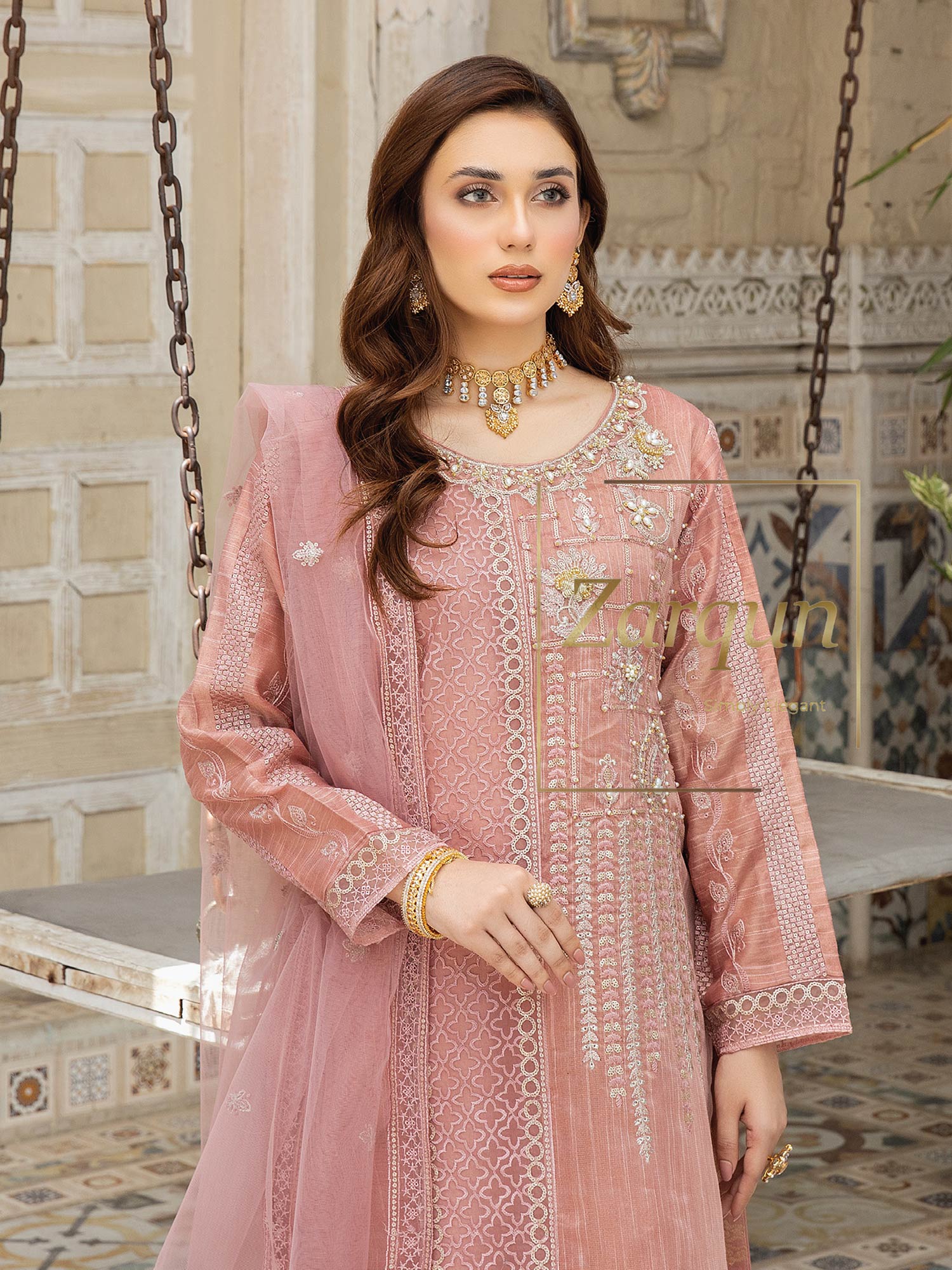 Zarqun "Virsa" Pink Fancy Embellished Net Suit (2314B)