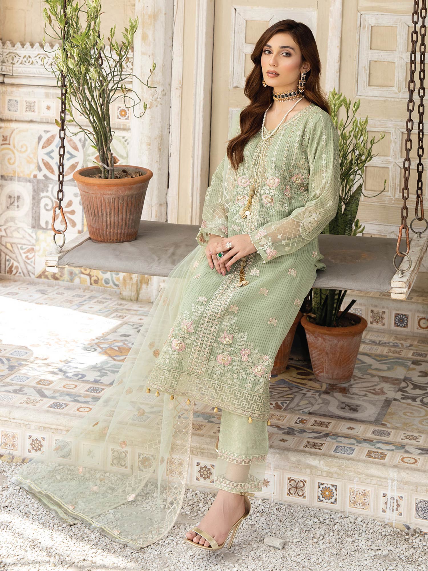 Zarqun "Virsa" Green Fancy Embellished Net Suit (2315A)