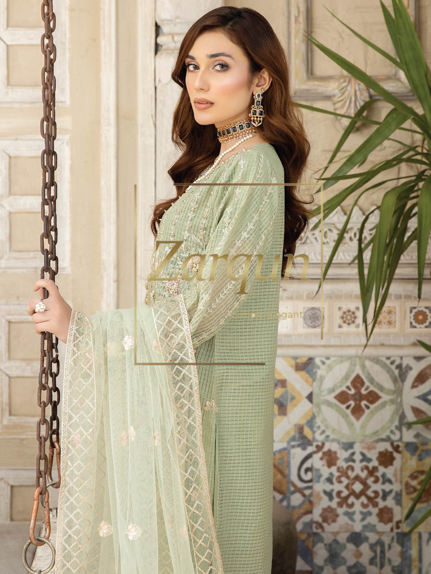 Zarqun "Virsa" Green Fancy Embellished Net Suit (2315A)