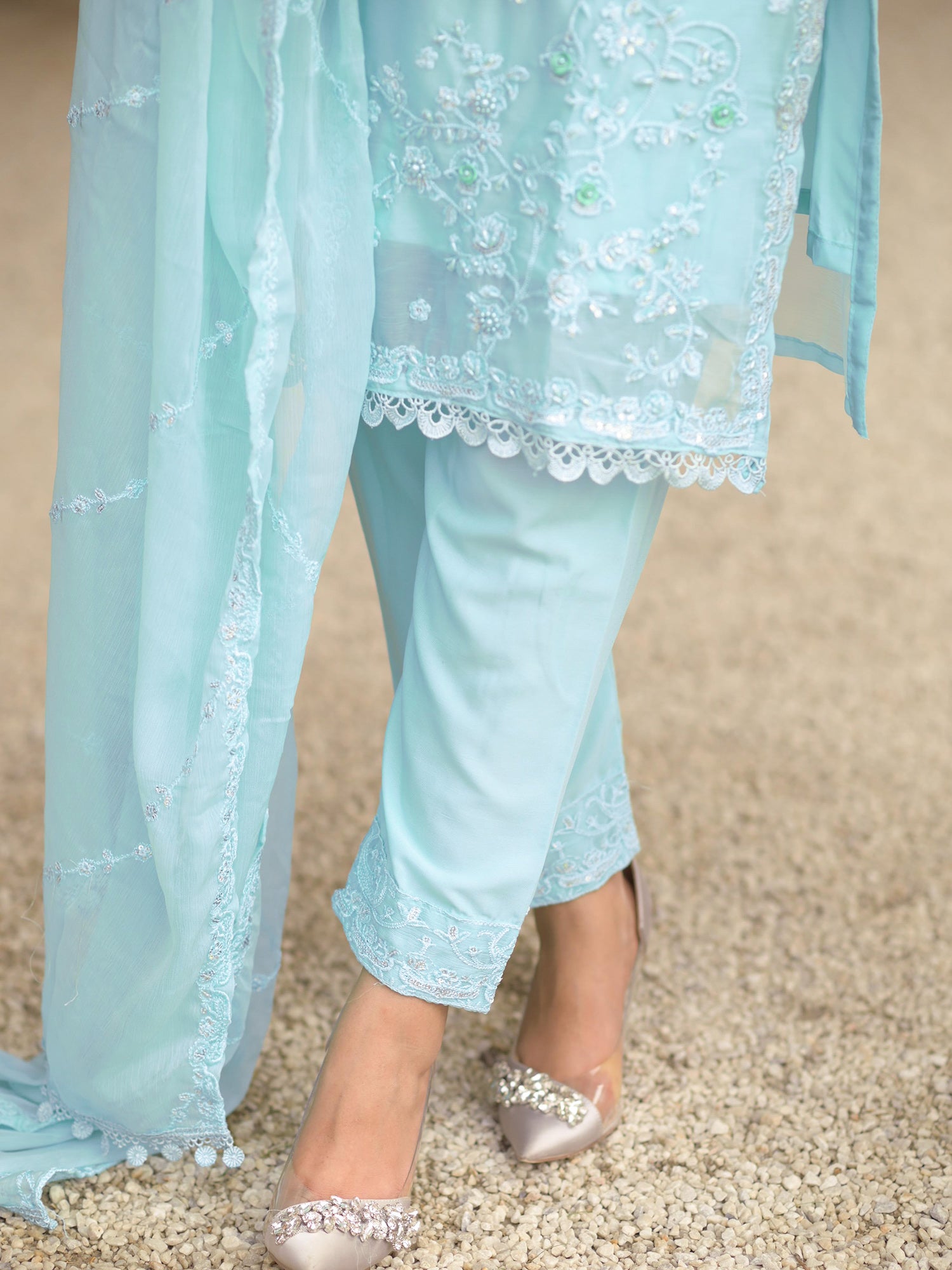 Light Blue Embroidered Chiffon 3-Piece Suit