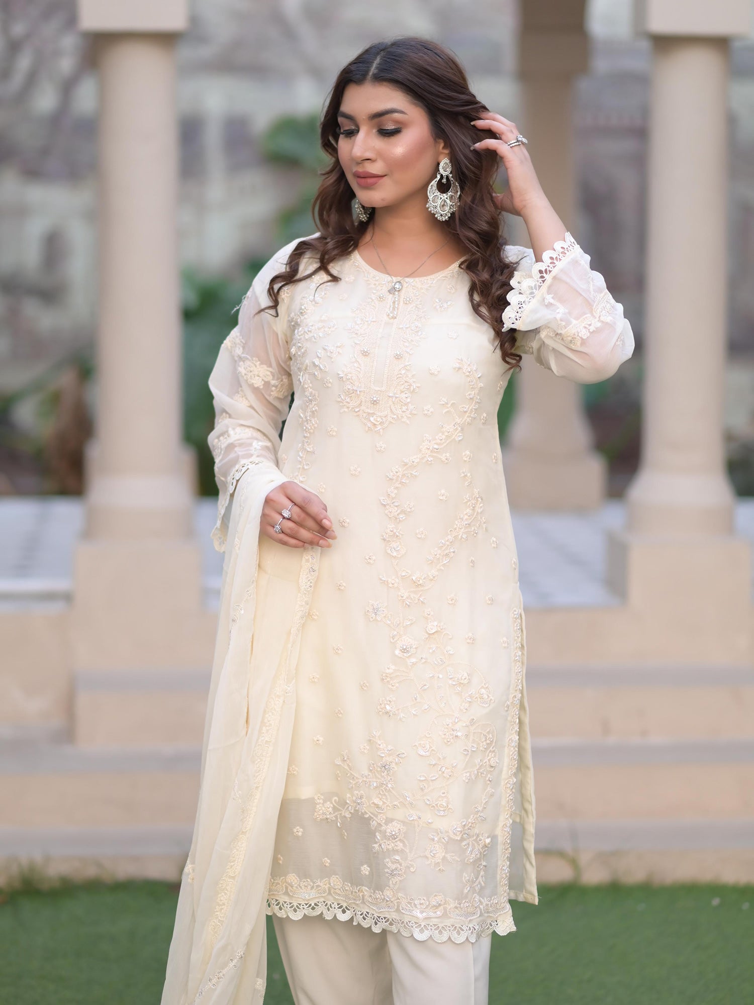 Cream Embroidered Chiffon 3-Piece Suit