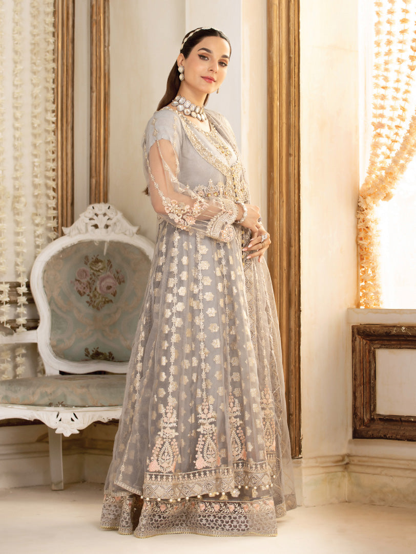 Zarqun Grey Soft Net Kalidar Maxi 3-Piece Suit