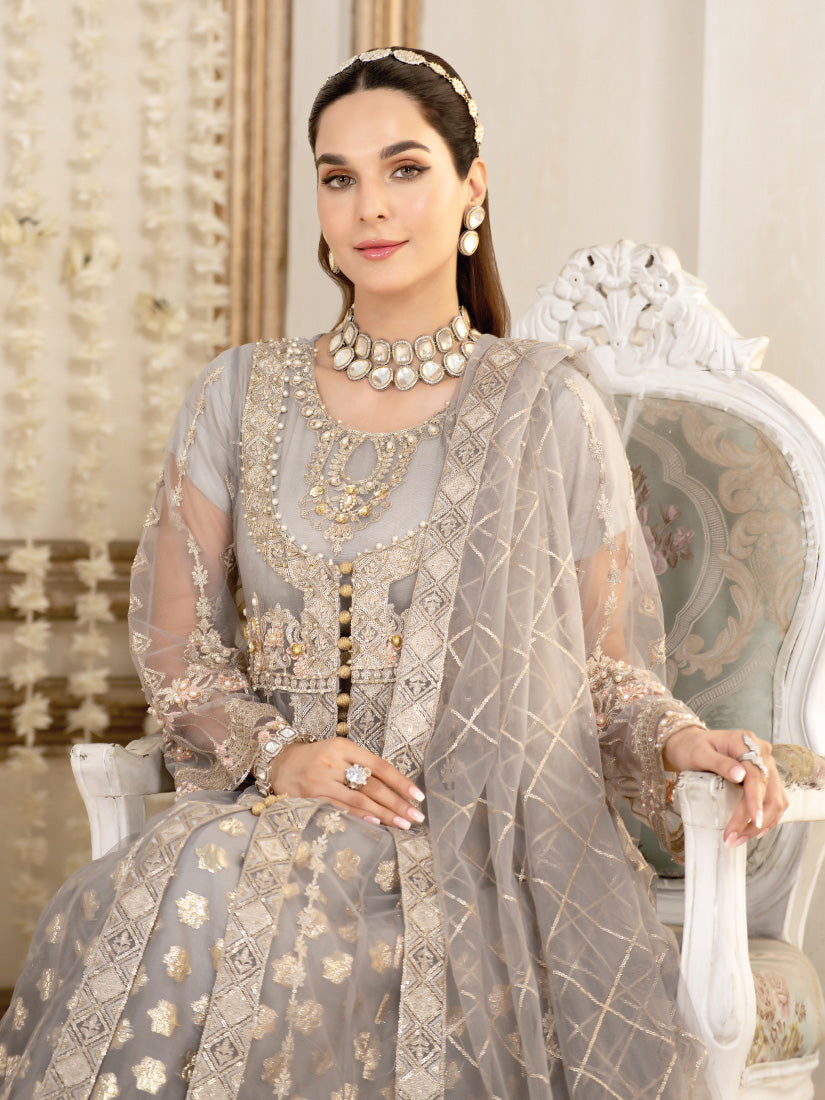 Zarqun Grey Soft Net Kalidar Maxi 3-Piece Suit