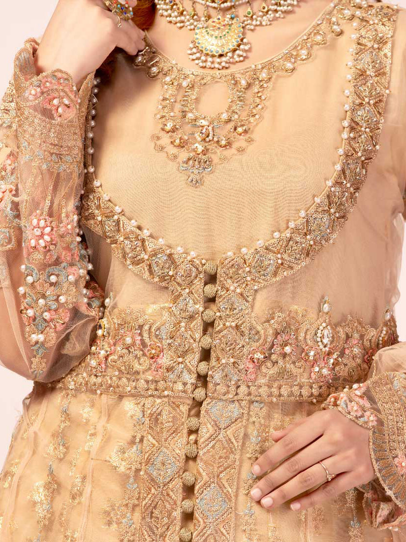 Zarqun Skin-Gold Soft Net Kalidar Maxi 3-Piece Suit