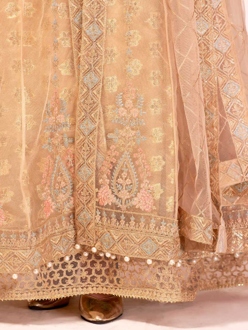 Zarqun Skin-Gold Soft Net Kalidar Maxi 3-Piece Suit