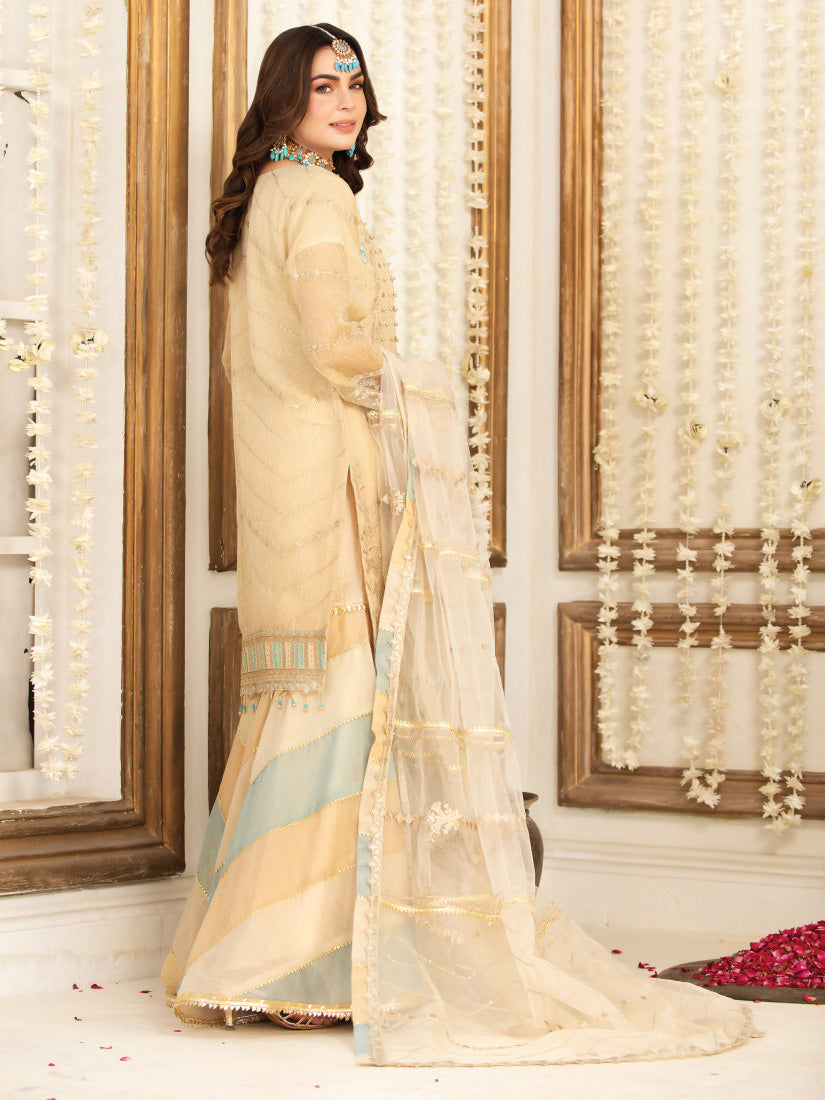 Zarqun Skin-Gold Soft Karandi Suit with Sharara