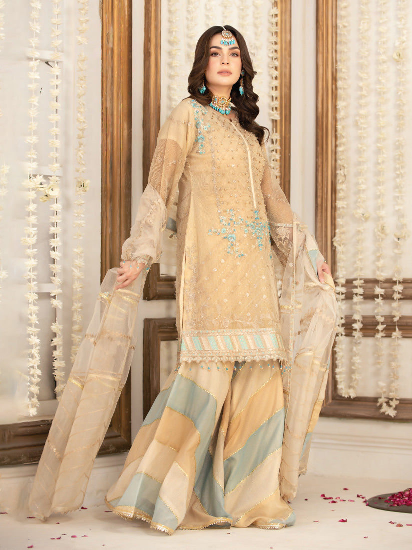 Zarqun Skin-Gold Soft Karandi Suit with Sharara