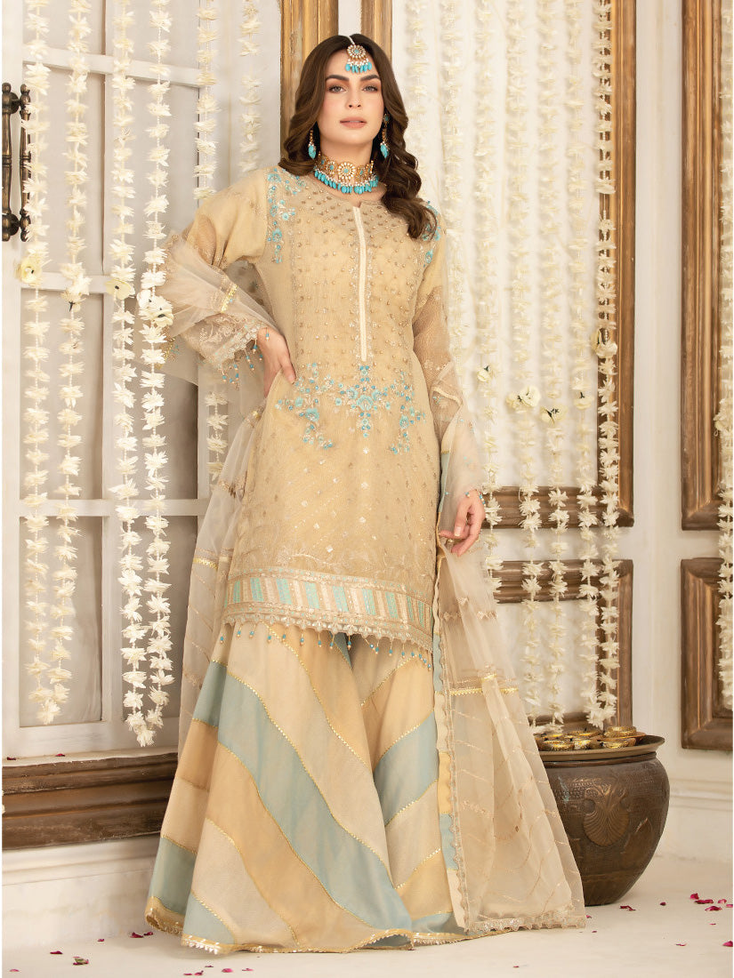 Zarqun Skin-Gold Soft Karandi Suit with Sharara