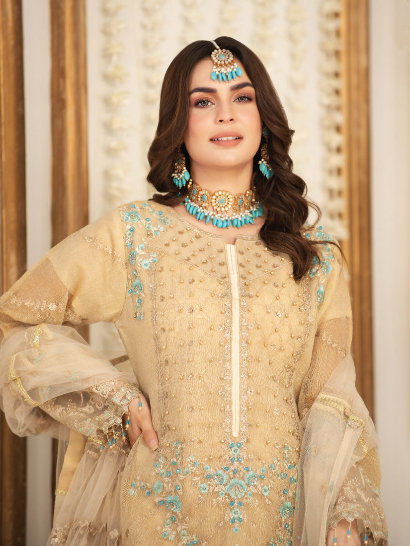 Zarqun Skin-Gold Soft Karandi Suit with Sharara