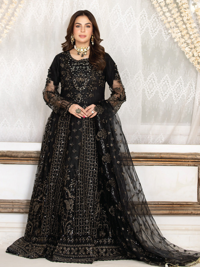 Zarqun Black Soft Net Kalidar Maxi 3-Piece Suit