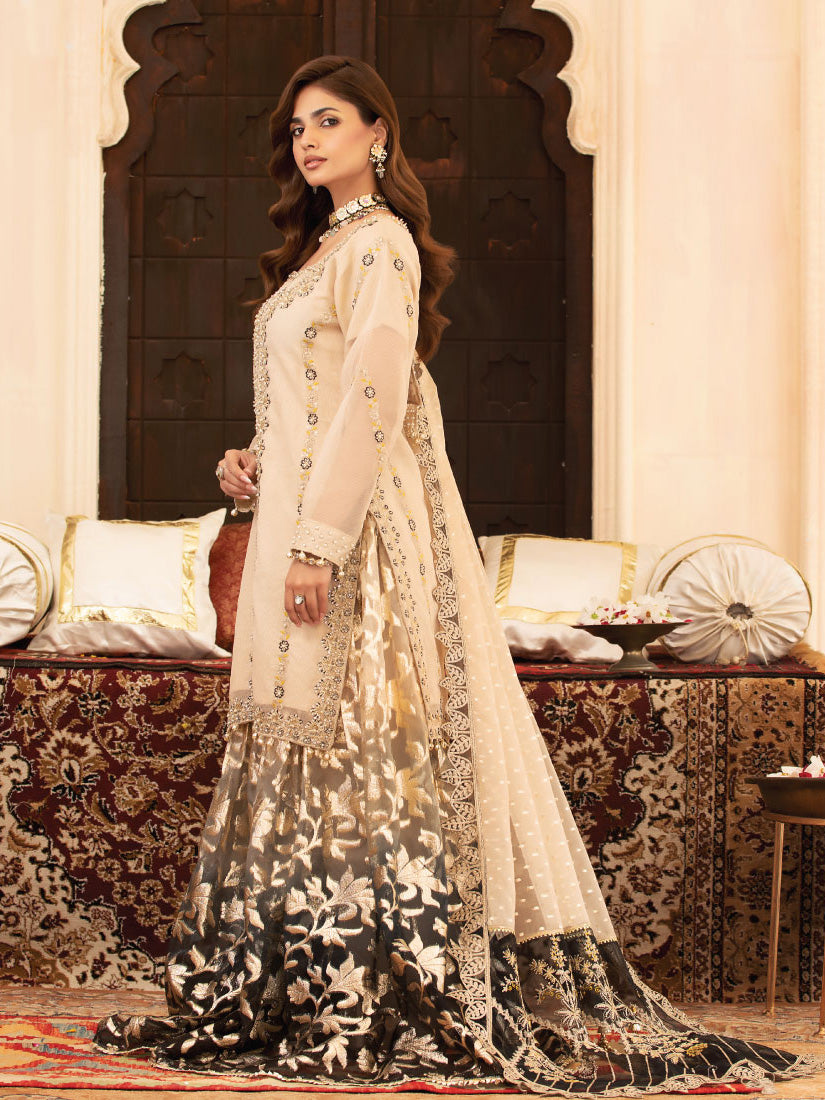 Zarqun Ivory & Black Organza Zari Suit with Sharara