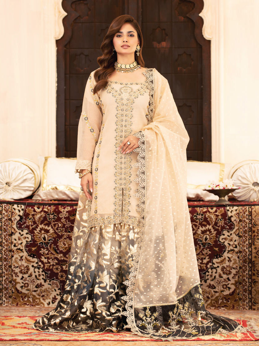 Zarqun Ivory & Black Organza Zari Suit with Sharara