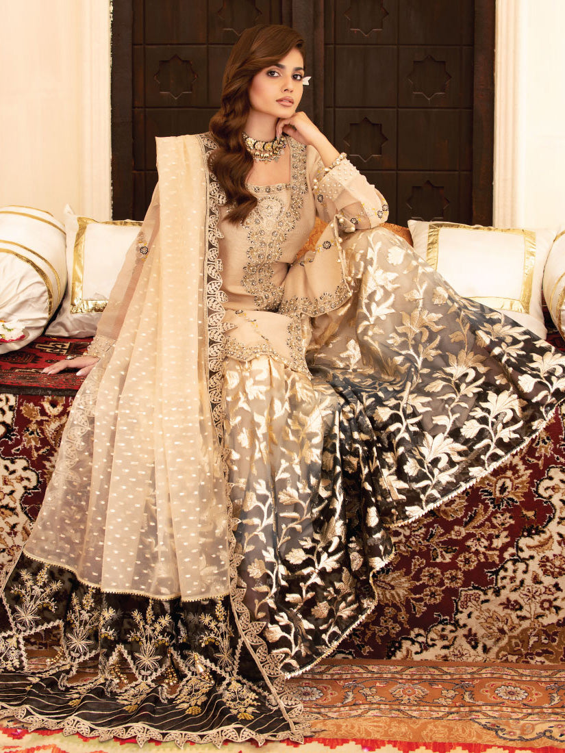 Zarqun Ivory & Black Organza Zari Suit with Sharara