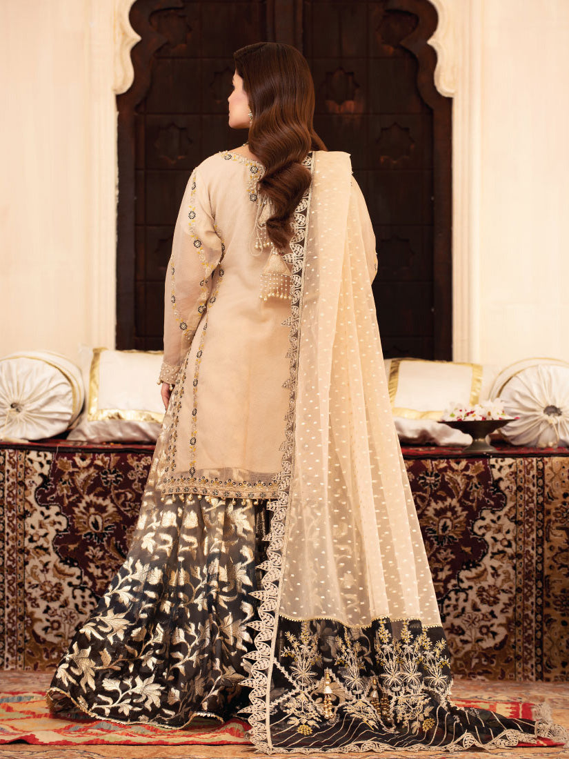 Zarqun Ivory & Black Organza Zari Suit with Sharara