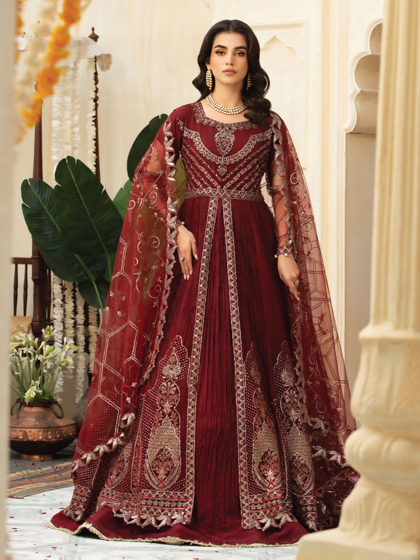 Zarqun Maroon Soft Net Embroidered Maxi Suit