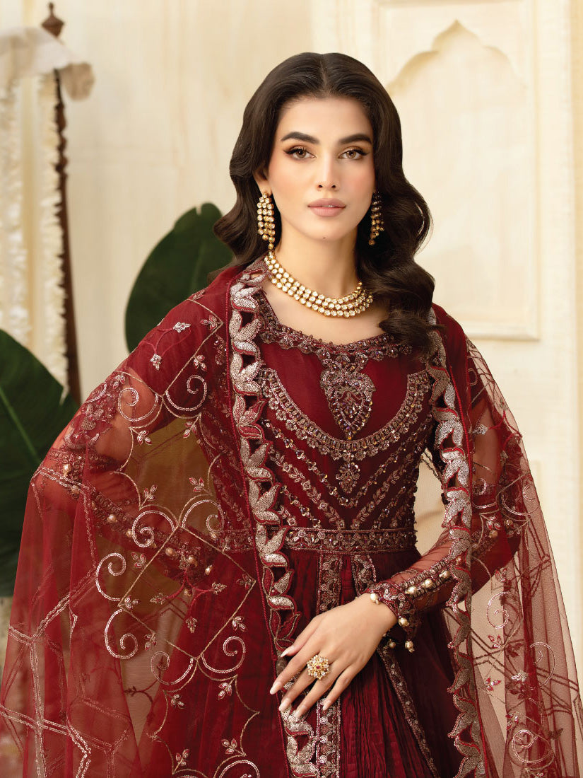 Zarqun Maroon Soft Net Embroidered Maxi Suit