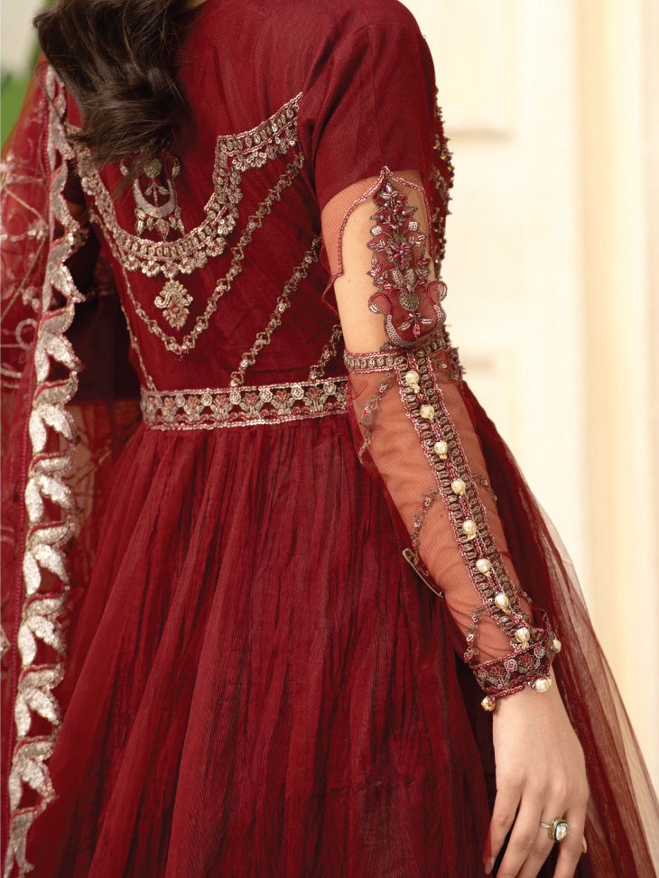 Zarqun Maroon Soft Net Embroidered Maxi Suit