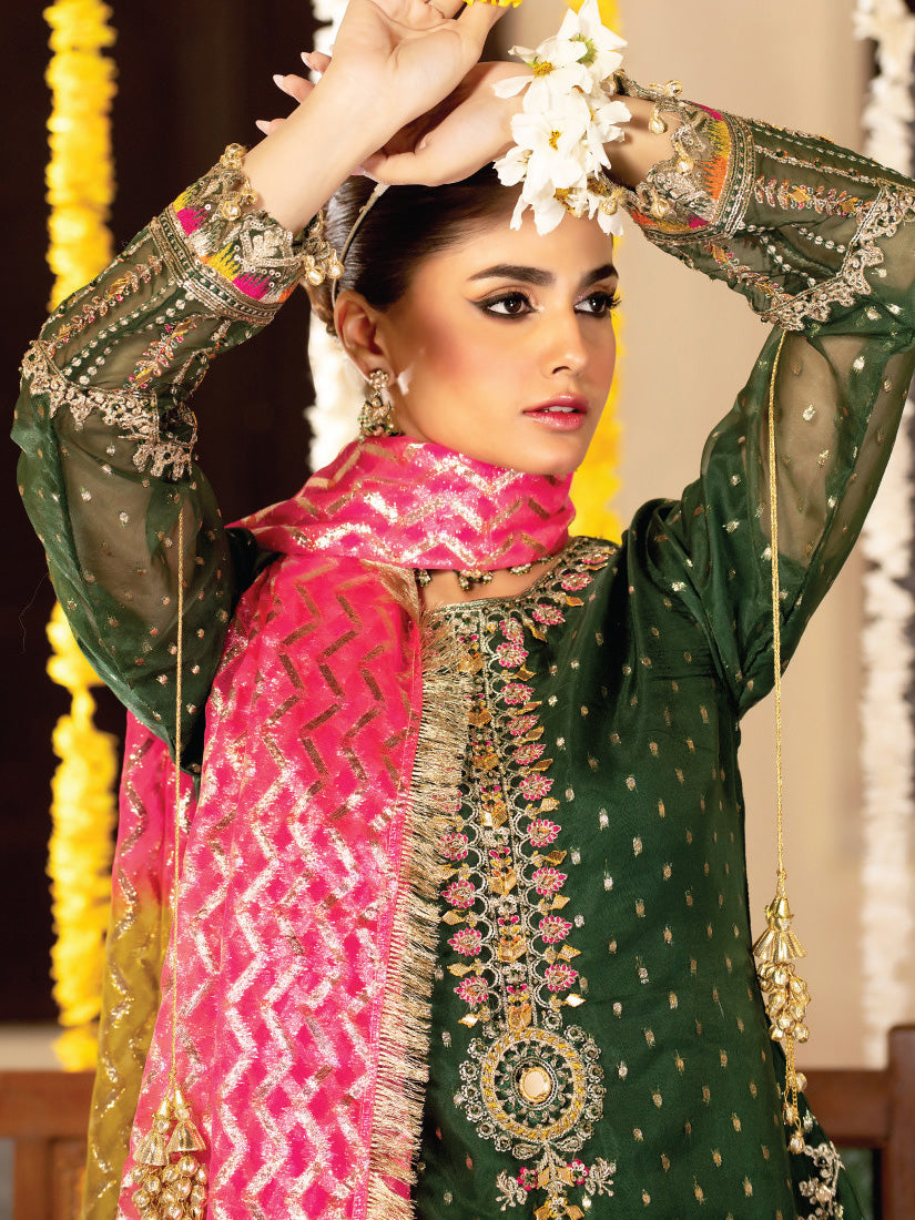 Zarqun Green Soft Organza Embroidered Suit with Gharara