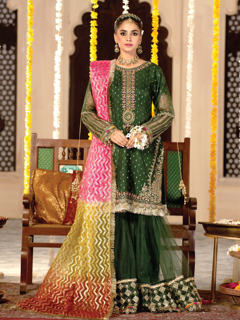 Zarqun Green Soft Organza Embroidered Suit with Gharara