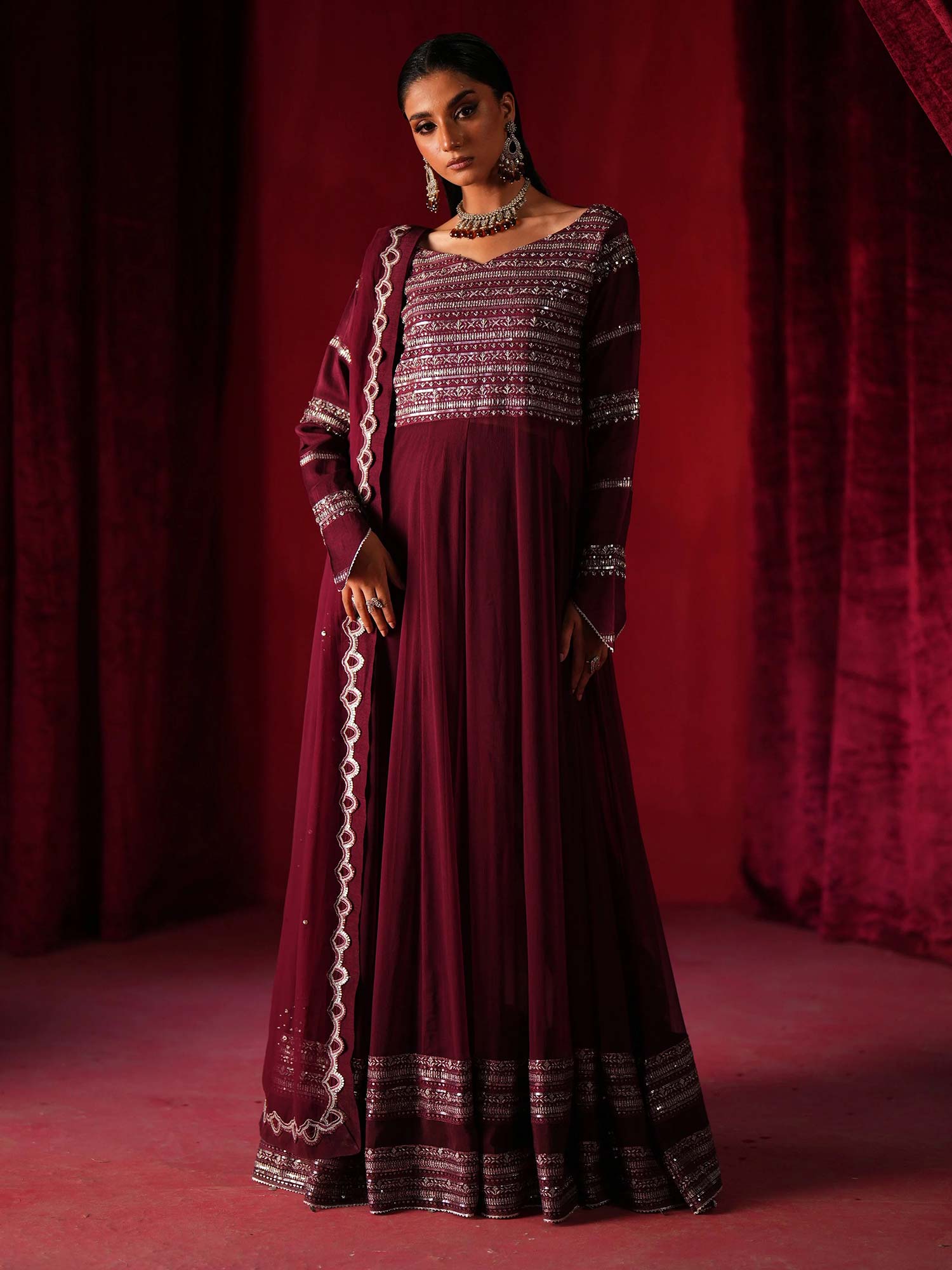 Zarqun Embroidered Chiffon Maxi Suit - Plum (2438A)