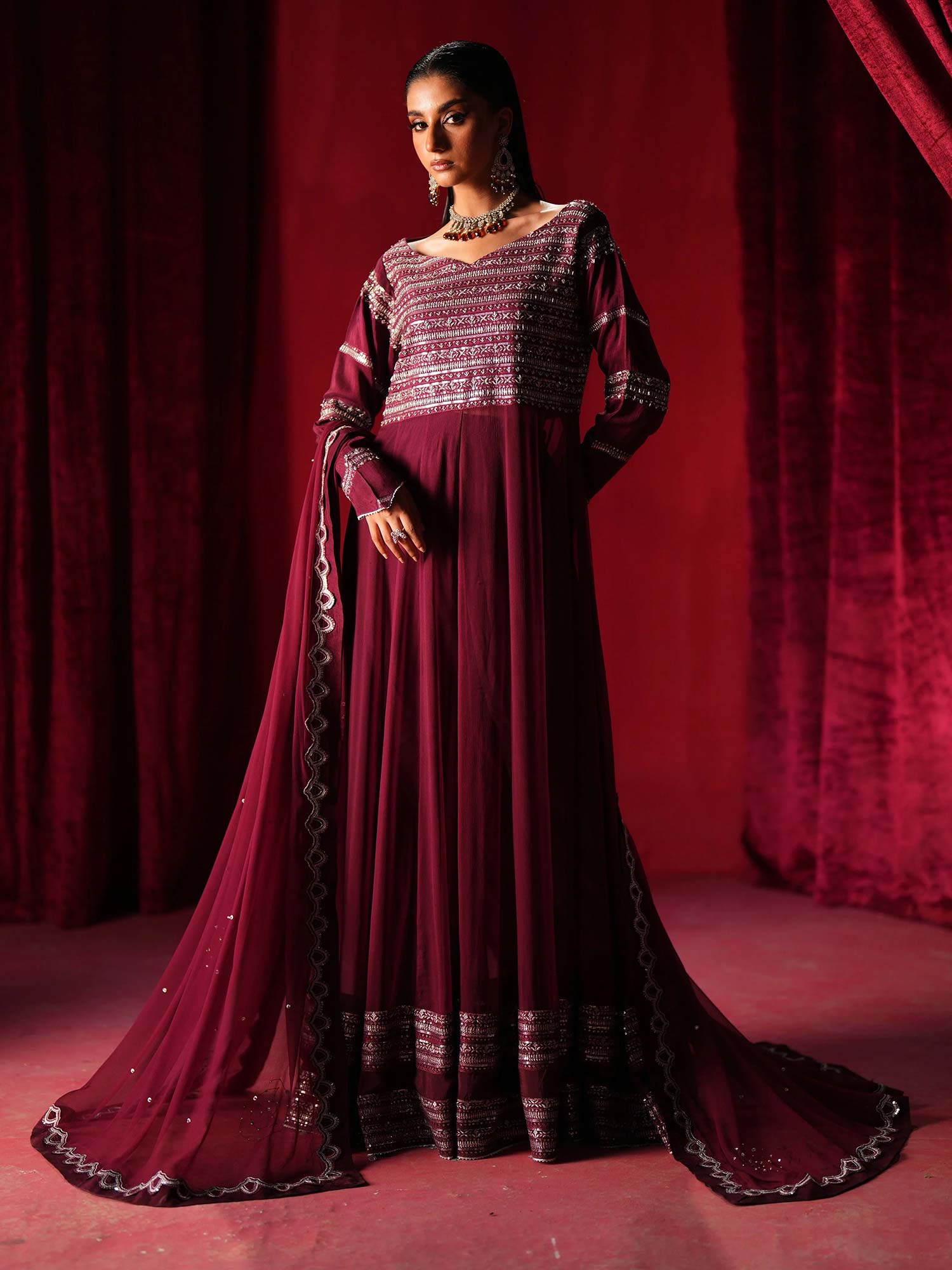 Zarqun Embroidered Chiffon Maxi Suit - Plum (2438A)