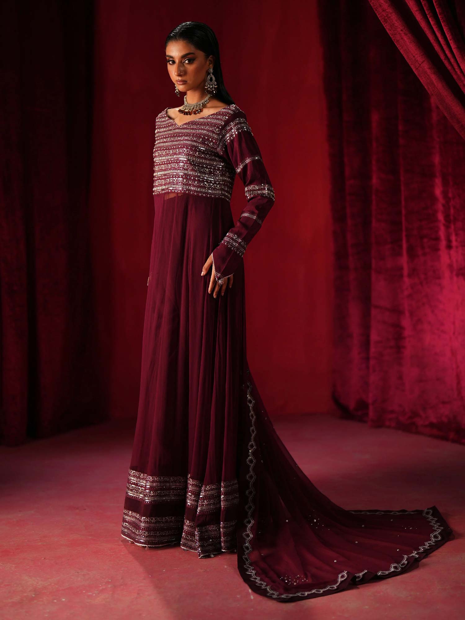 Zarqun Embroidered Chiffon Maxi Suit - Plum (2438A)