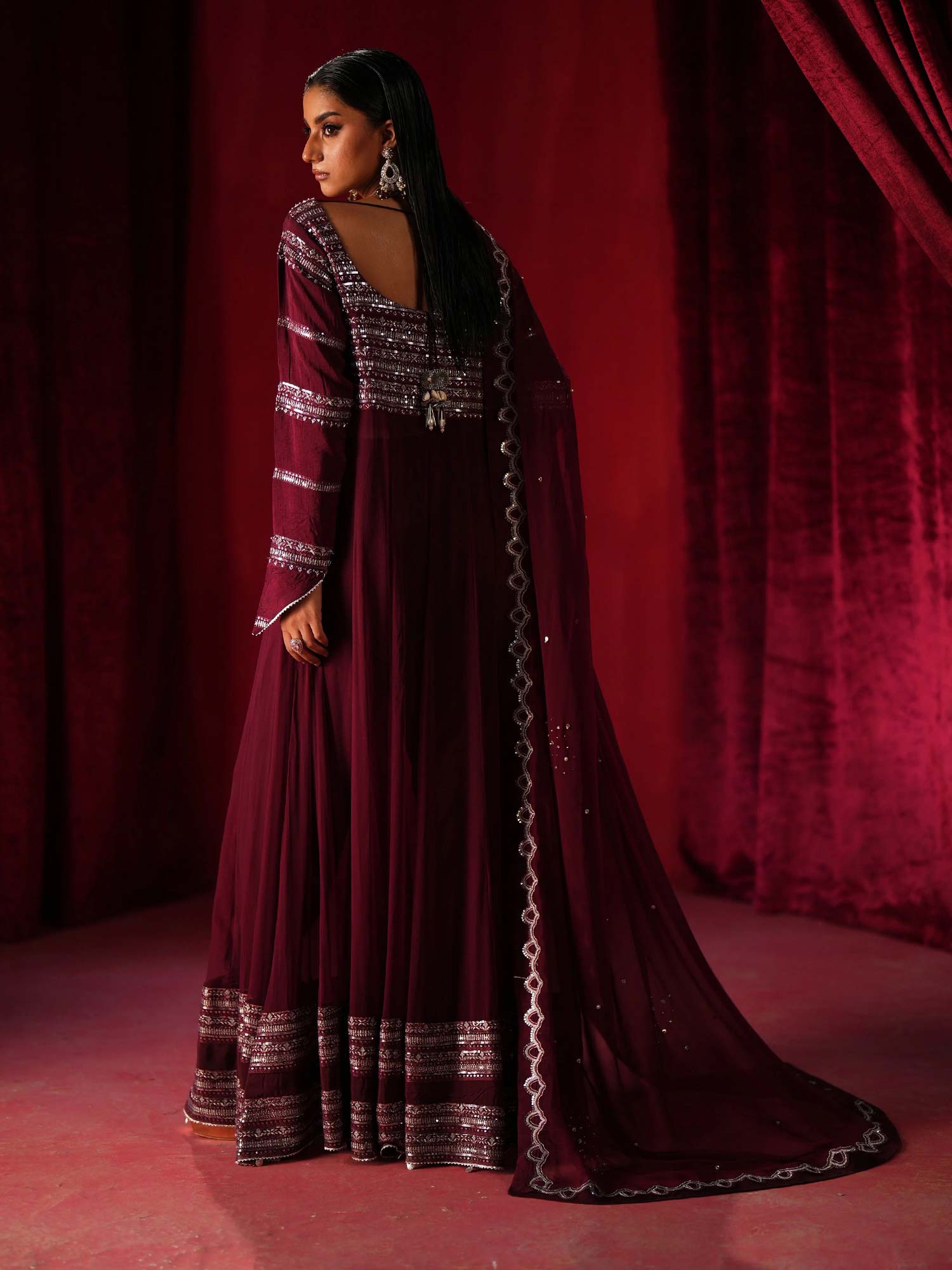 Zarqun Embroidered Chiffon Maxi Suit - Plum (2438A)