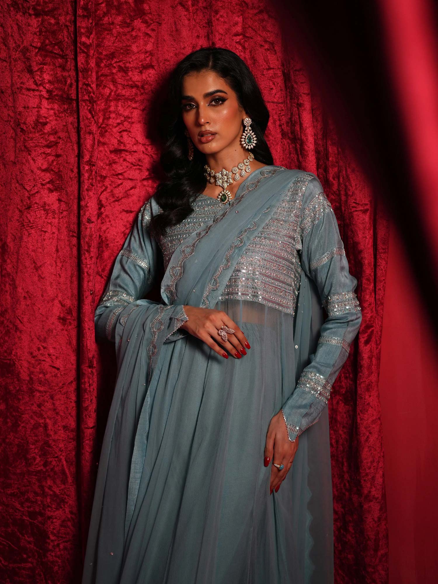 Zarqun Embroidered Chiffon Maxi Suit - Sky Blue (2438B)