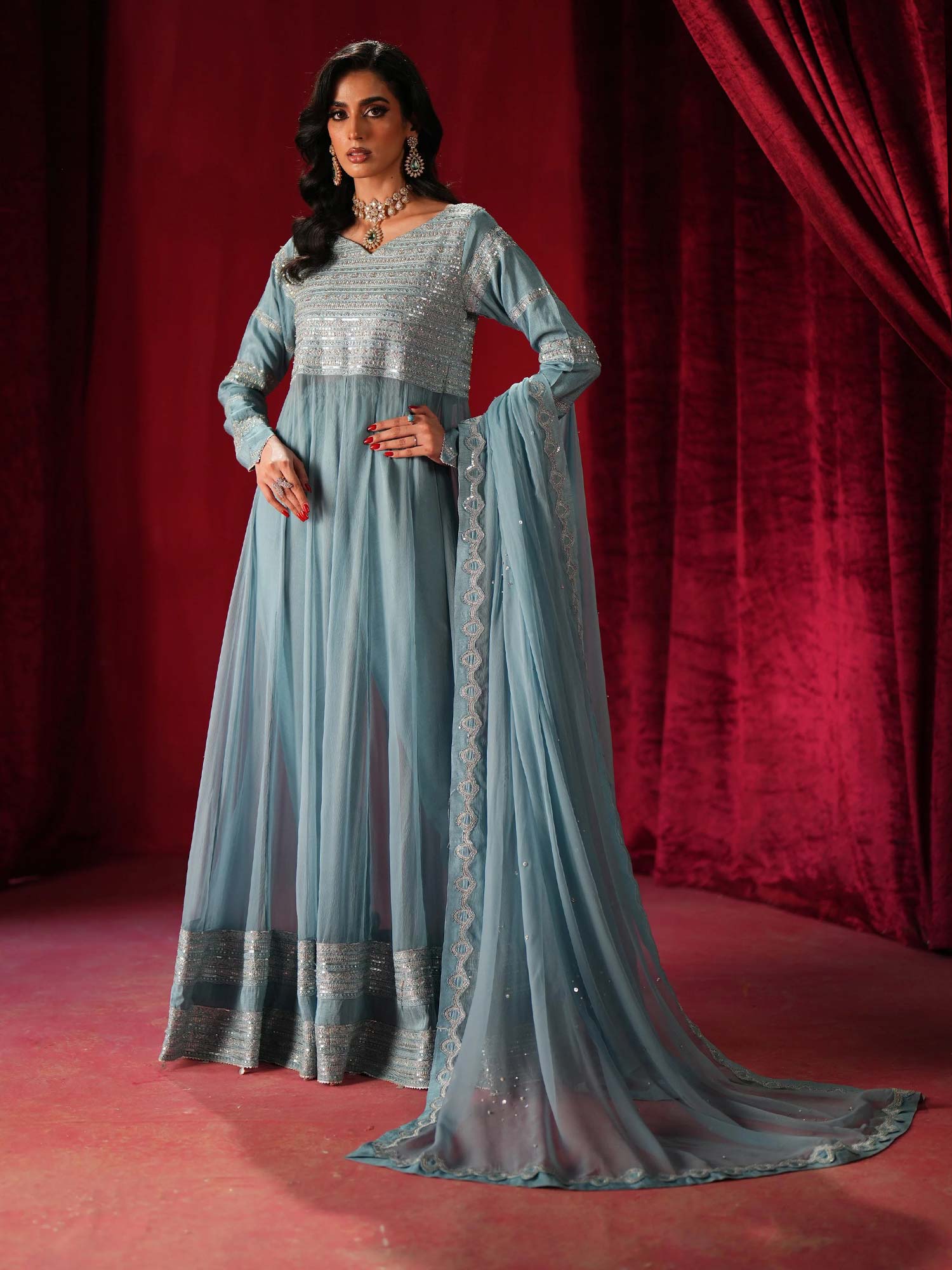 Zarqun Embroidered Chiffon Maxi Suit - Sky Blue (2438B)