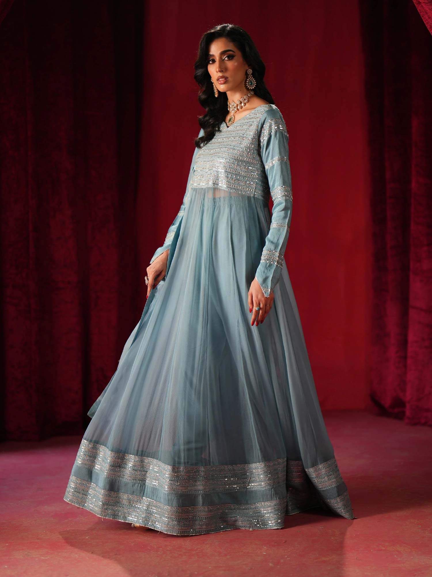 Zarqun Embroidered Chiffon Maxi Suit - Sky Blue (2438B)