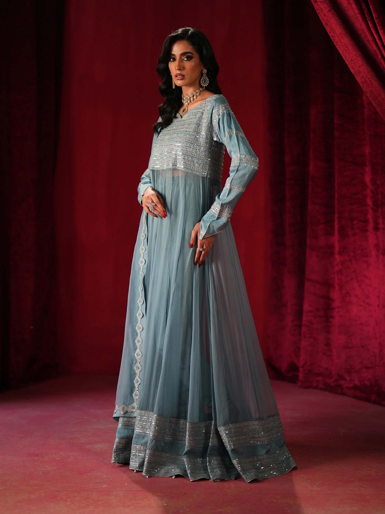 Zarqun Embroidered Chiffon Maxi Suit - Sky Blue (2438B)