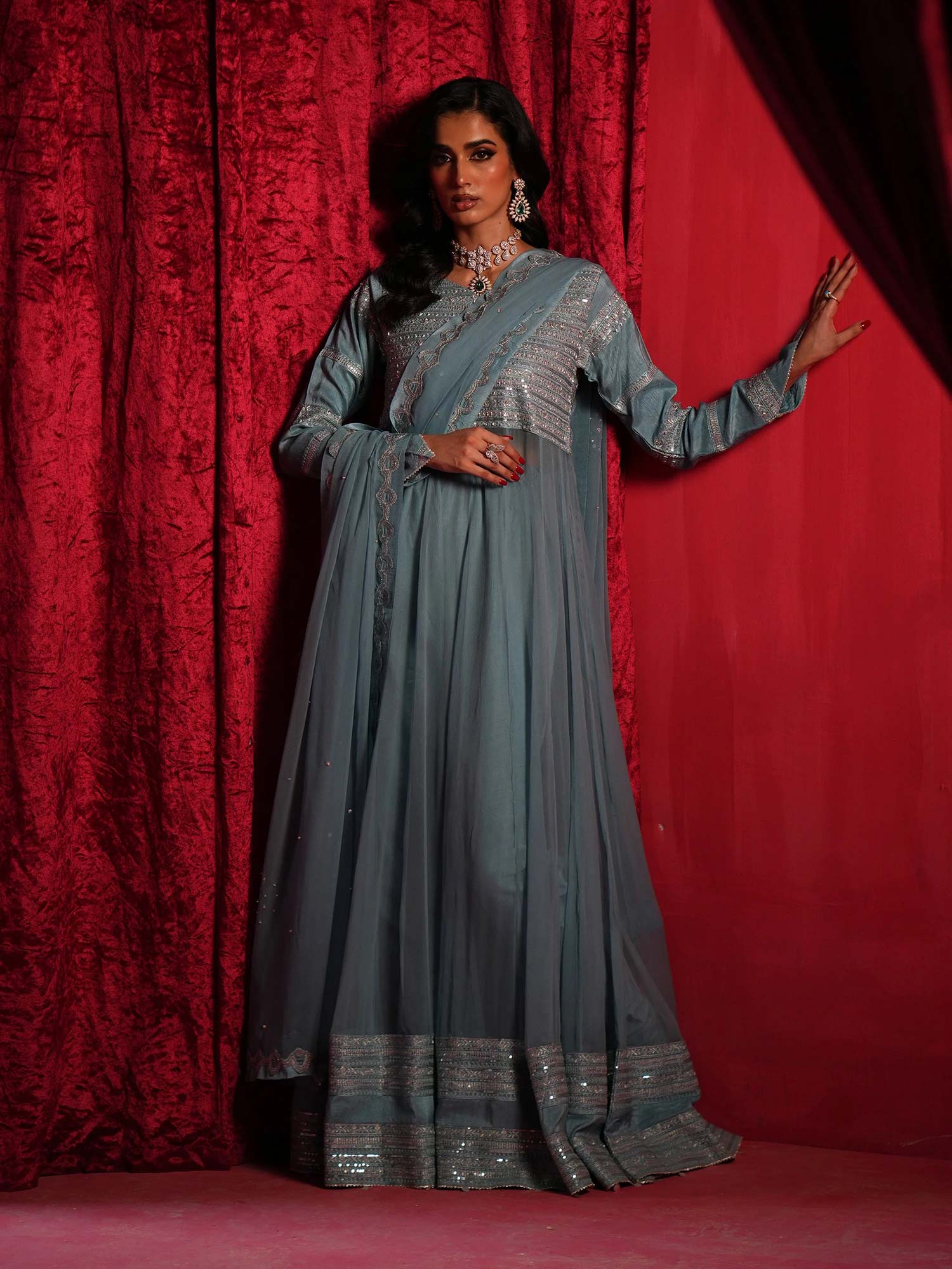 Zarqun Embroidered Chiffon Maxi Suit - Sky Blue (2438B)