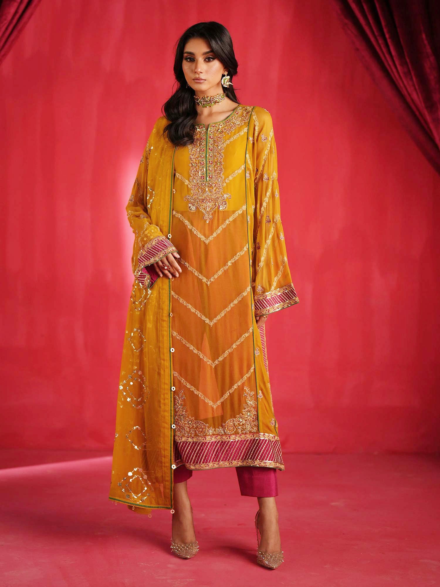 Zarqun Luxury Chiffon 3-Piece Suit - Mustard (2439A)