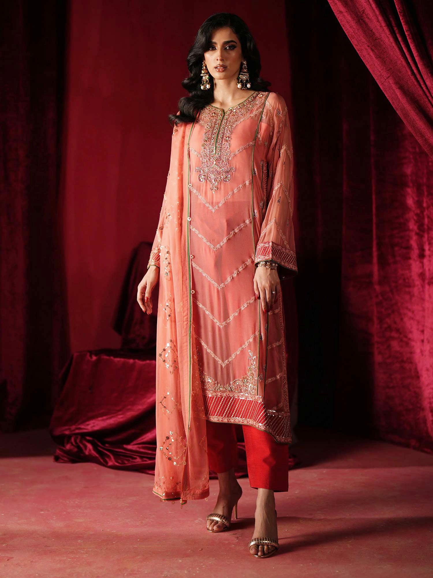 Zarqun Luxury Chiffon 3-Piece Suit - Coral Pink (2439B)