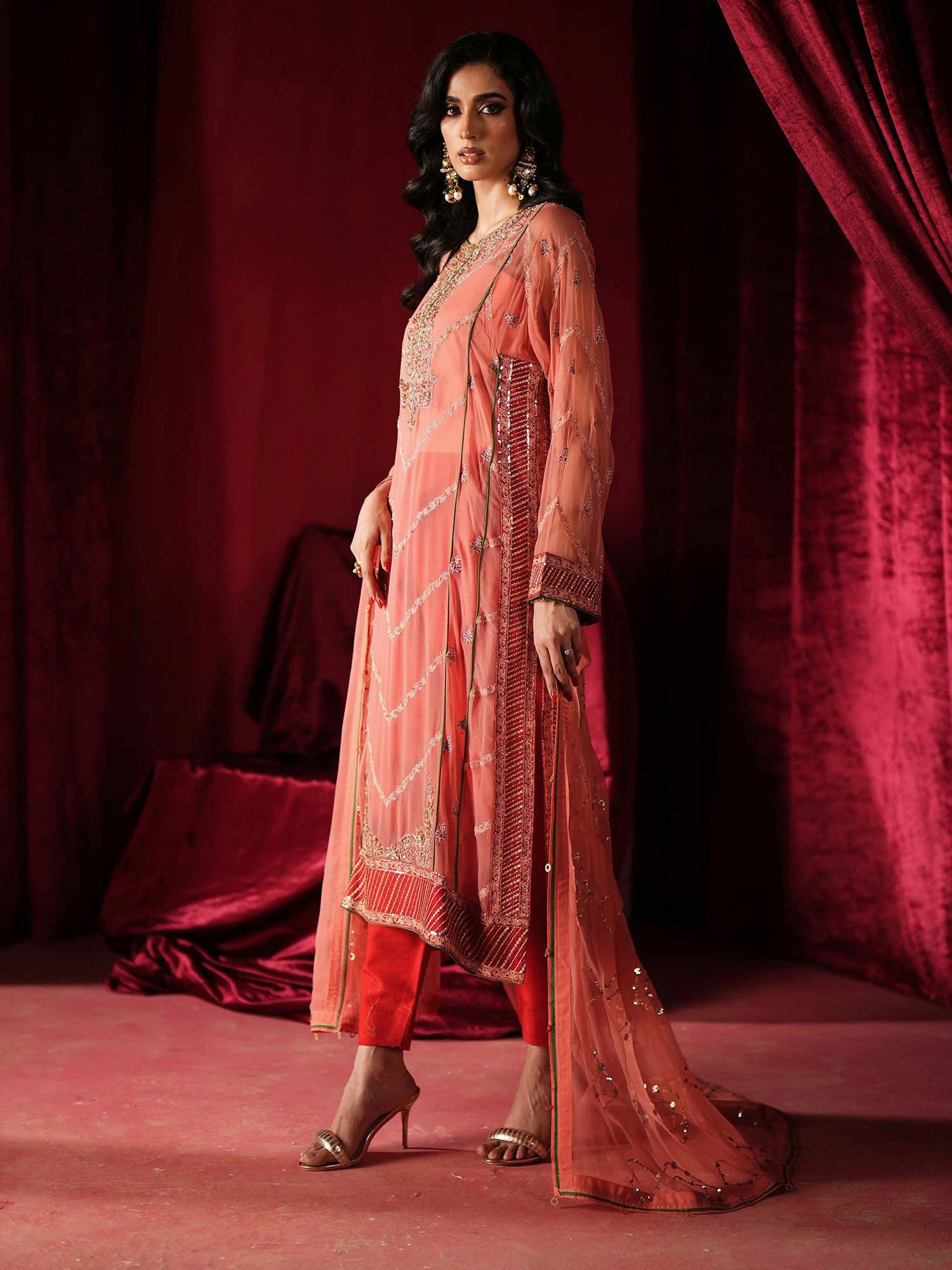 Zarqun Luxury Chiffon 3-Piece Suit - Coral Pink (2439B)