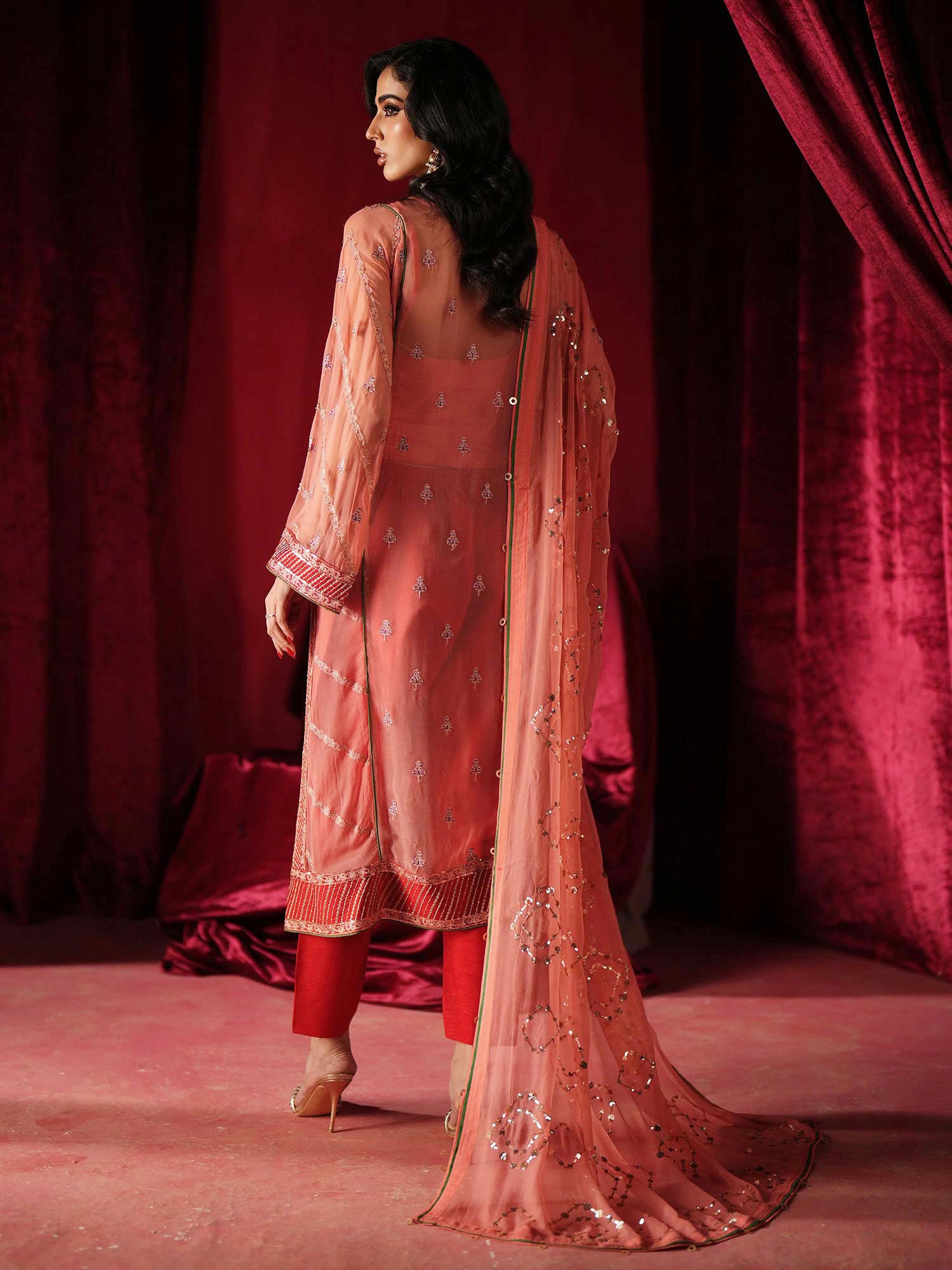 Zarqun Luxury Chiffon 3-Piece Suit - Coral Pink (2439B)