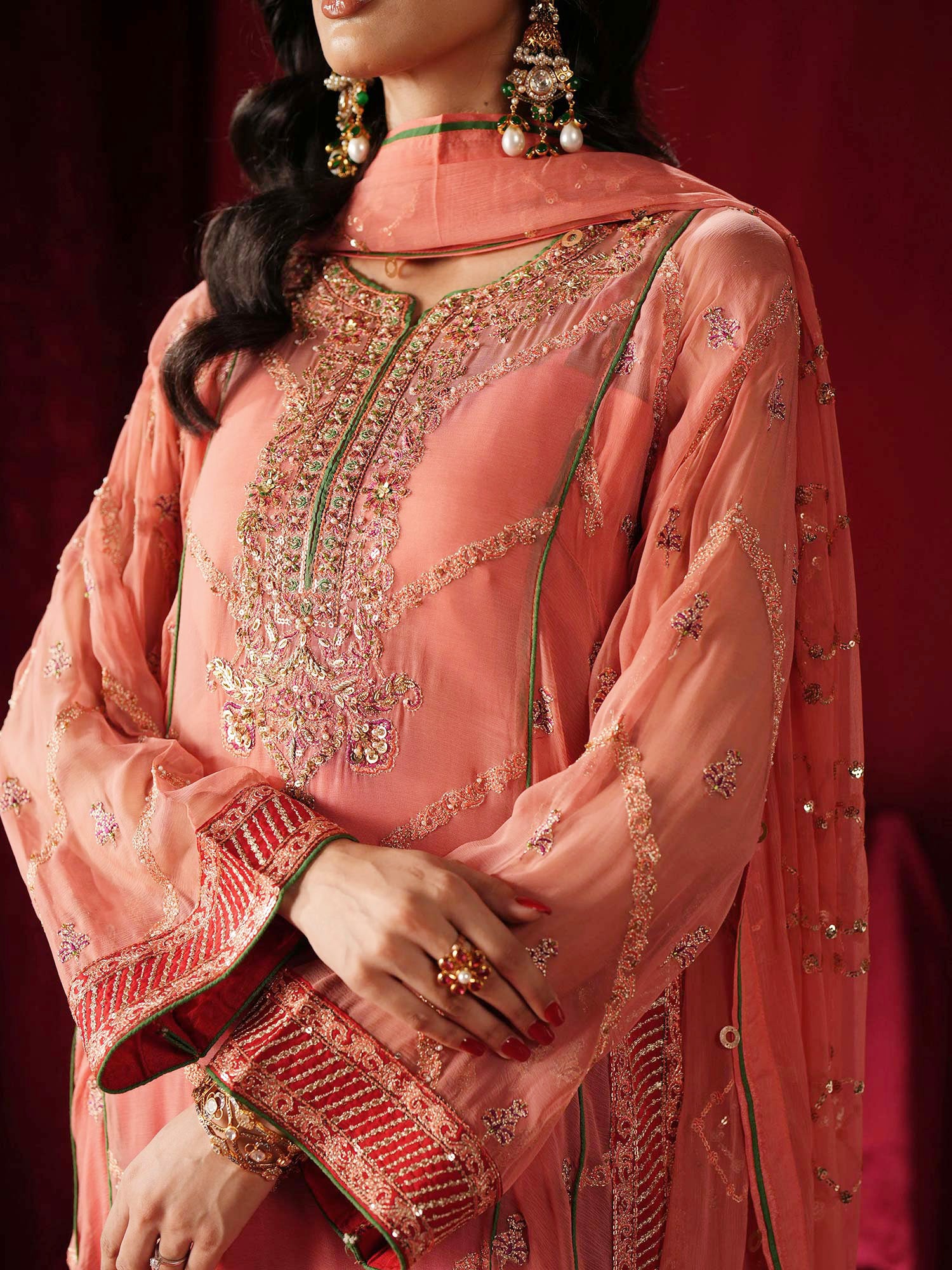 Zarqun Luxury Chiffon 3-Piece Suit - Coral Pink (2439B)