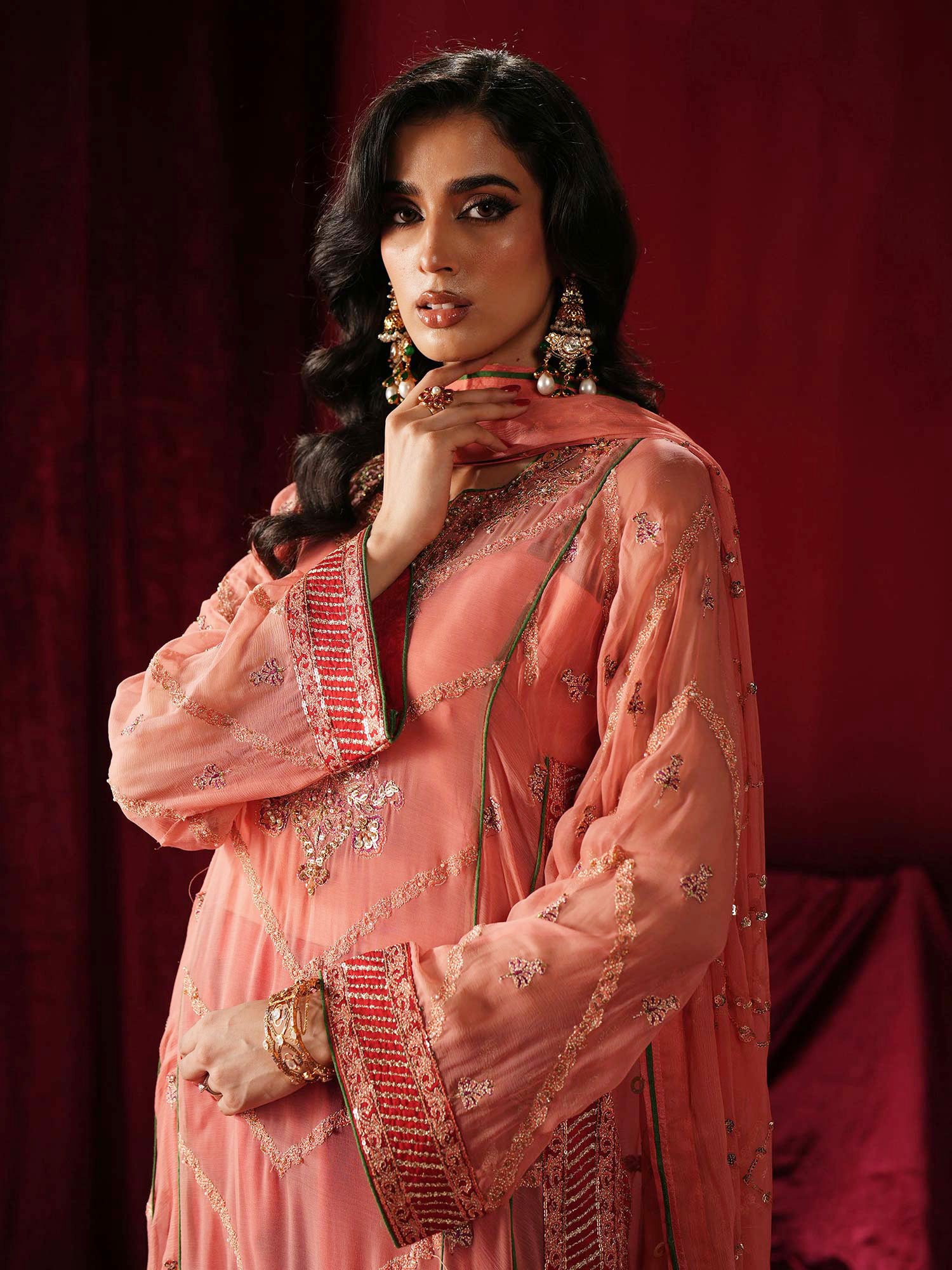 Zarqun Luxury Chiffon 3-Piece Suit - Coral Pink (2439B)